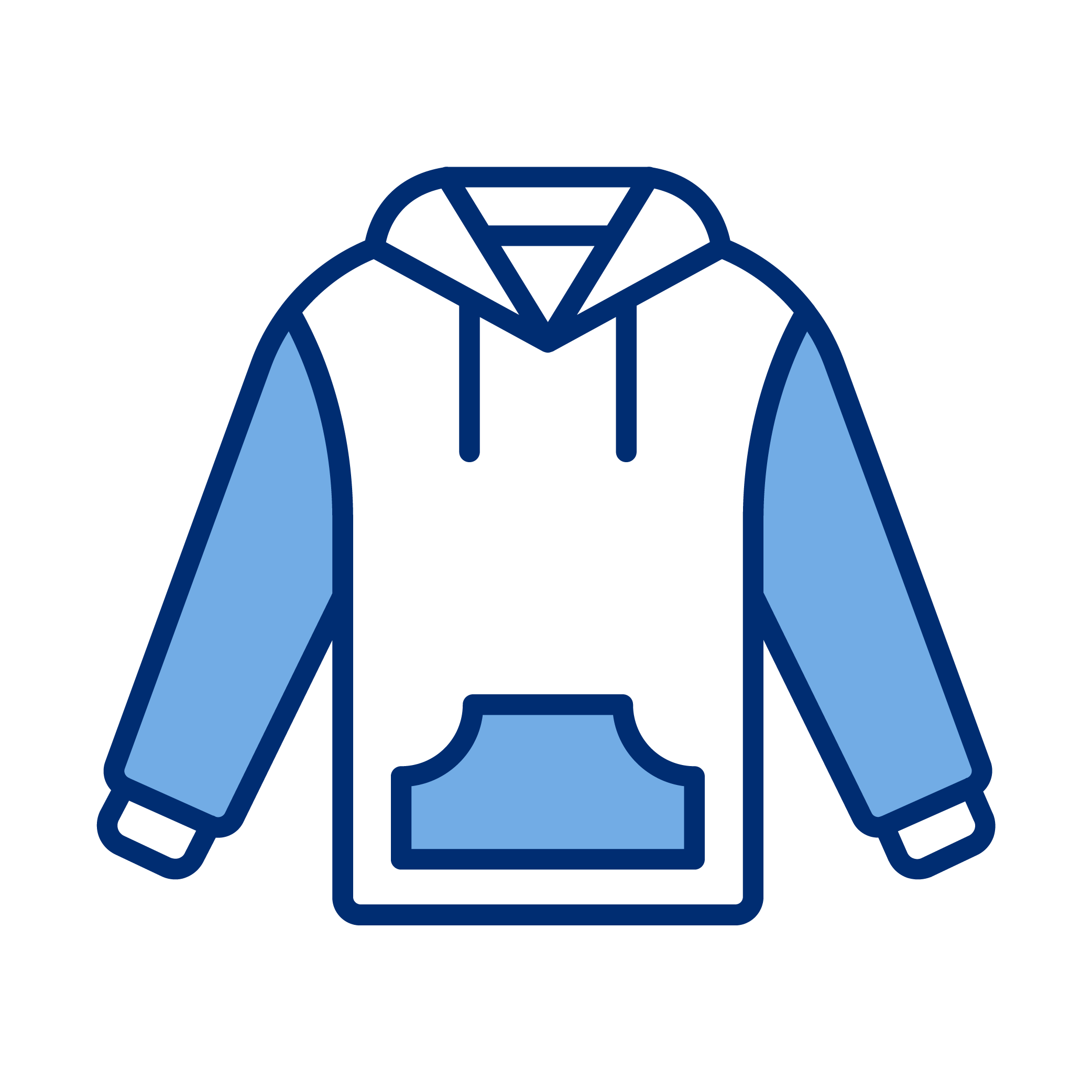 Illustration of a hooded sweatshirt with a front pocket, in blue and black outline.