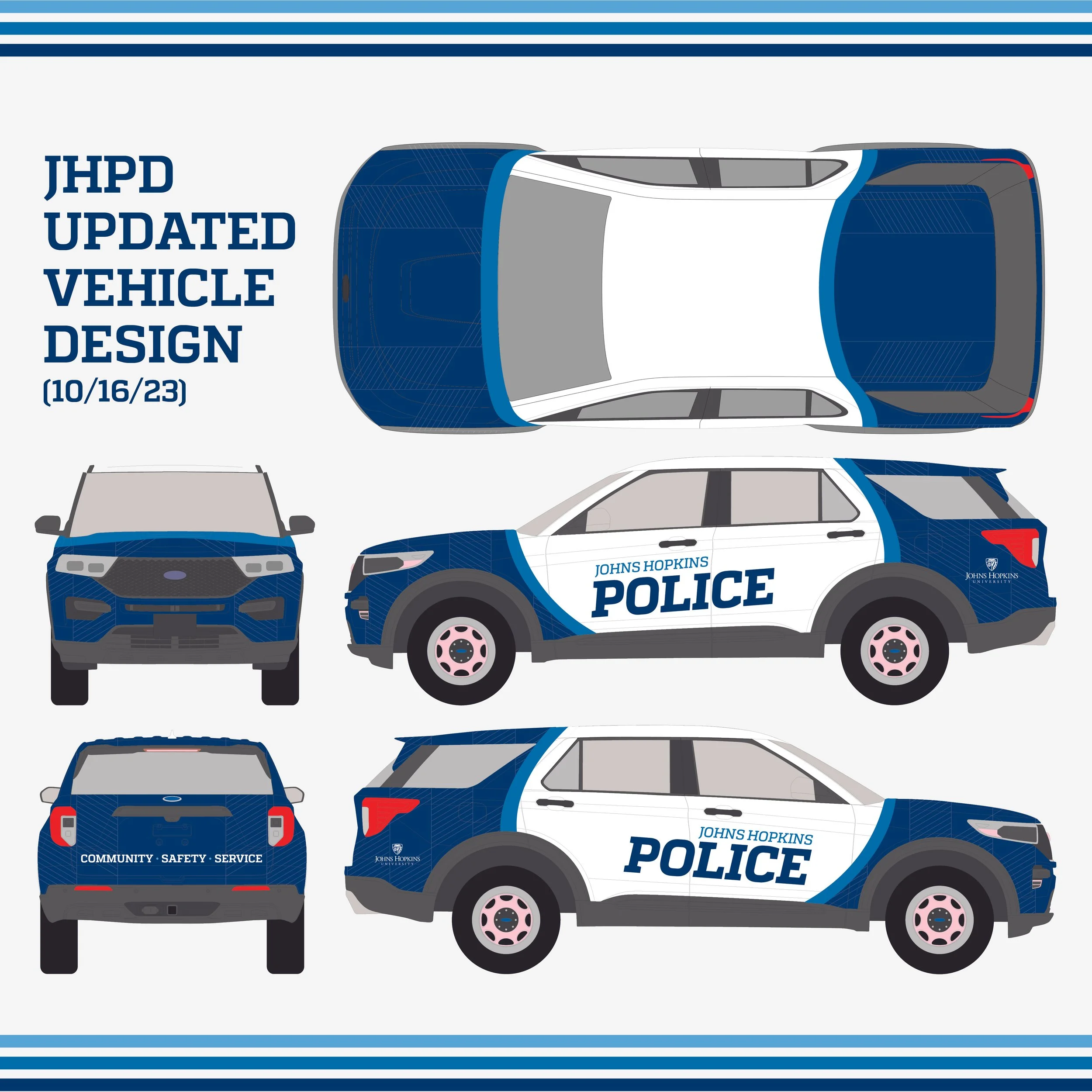 Design layout for Johns Hopkins Police Department vehicle, showing top, front, side, and rear views with blue and white color scheme and markings.