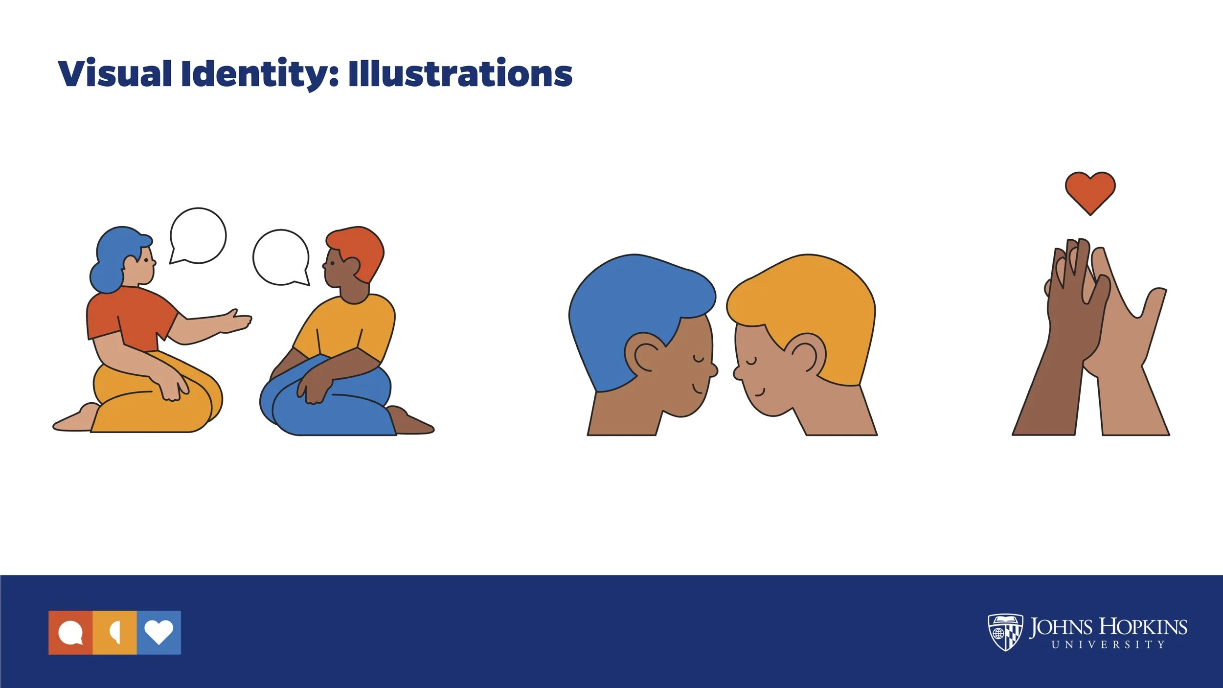 Illustration showing two women having a conversation, two men touching foreheads in a moment of intimacy, and hands clasped with a heart above them, representing diverse expressions of love and connection.
