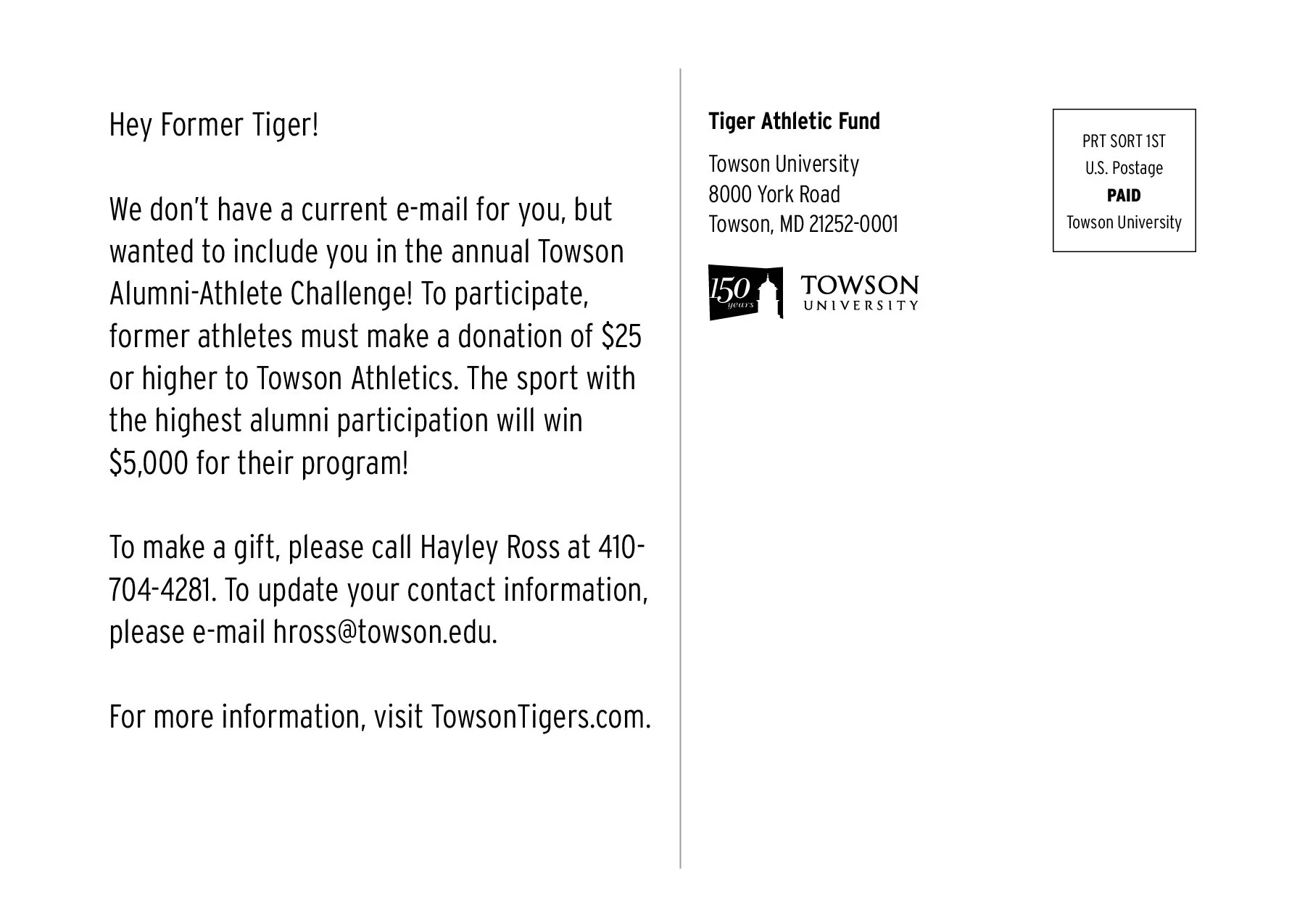 A letter from Towson University inviting former athletes to participate in the alumni-athlete challenge, with donation details and contact information, and a mailing address for the Tiger Athletic Fund.