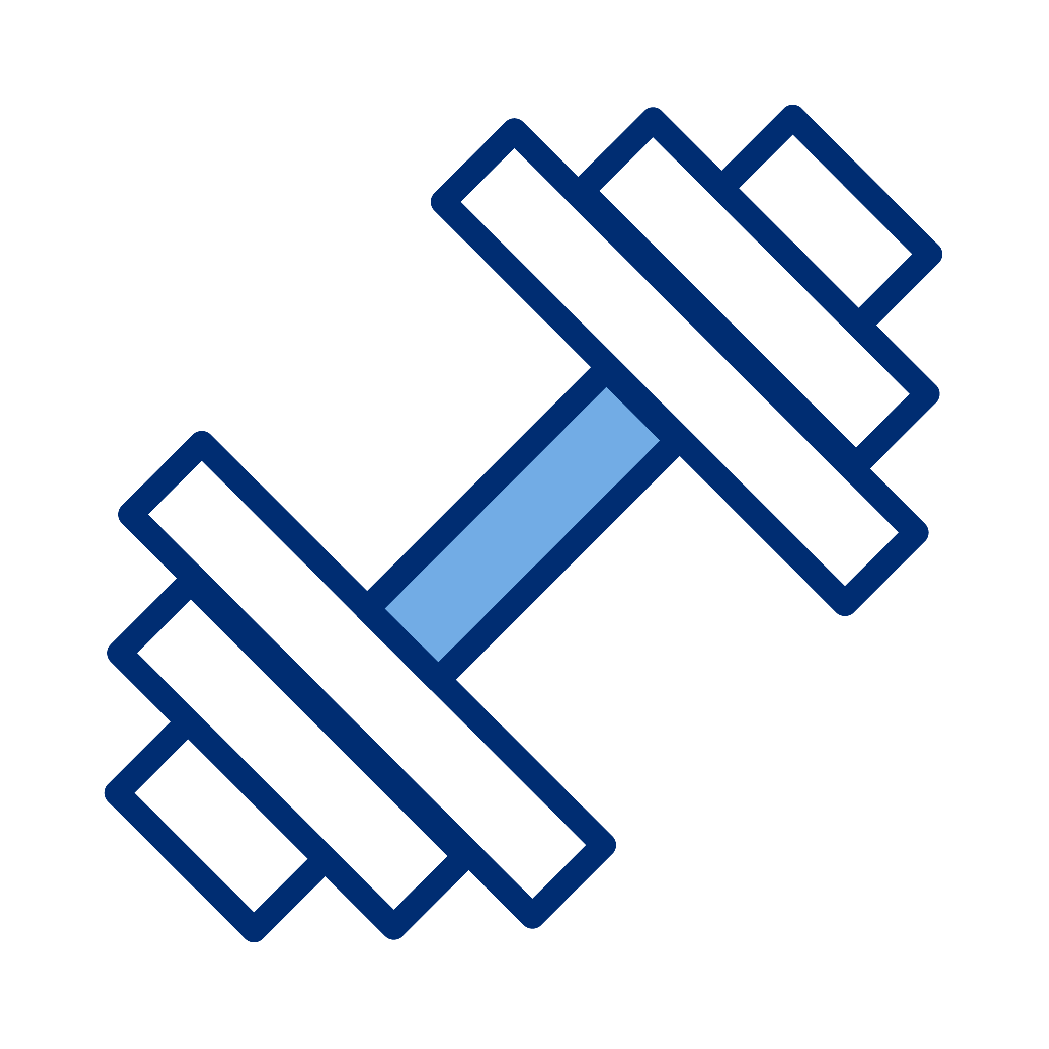 Illustration of a dumbbell with dark blue and light blue weights, depicted in a simple, stylized, digital icon style.