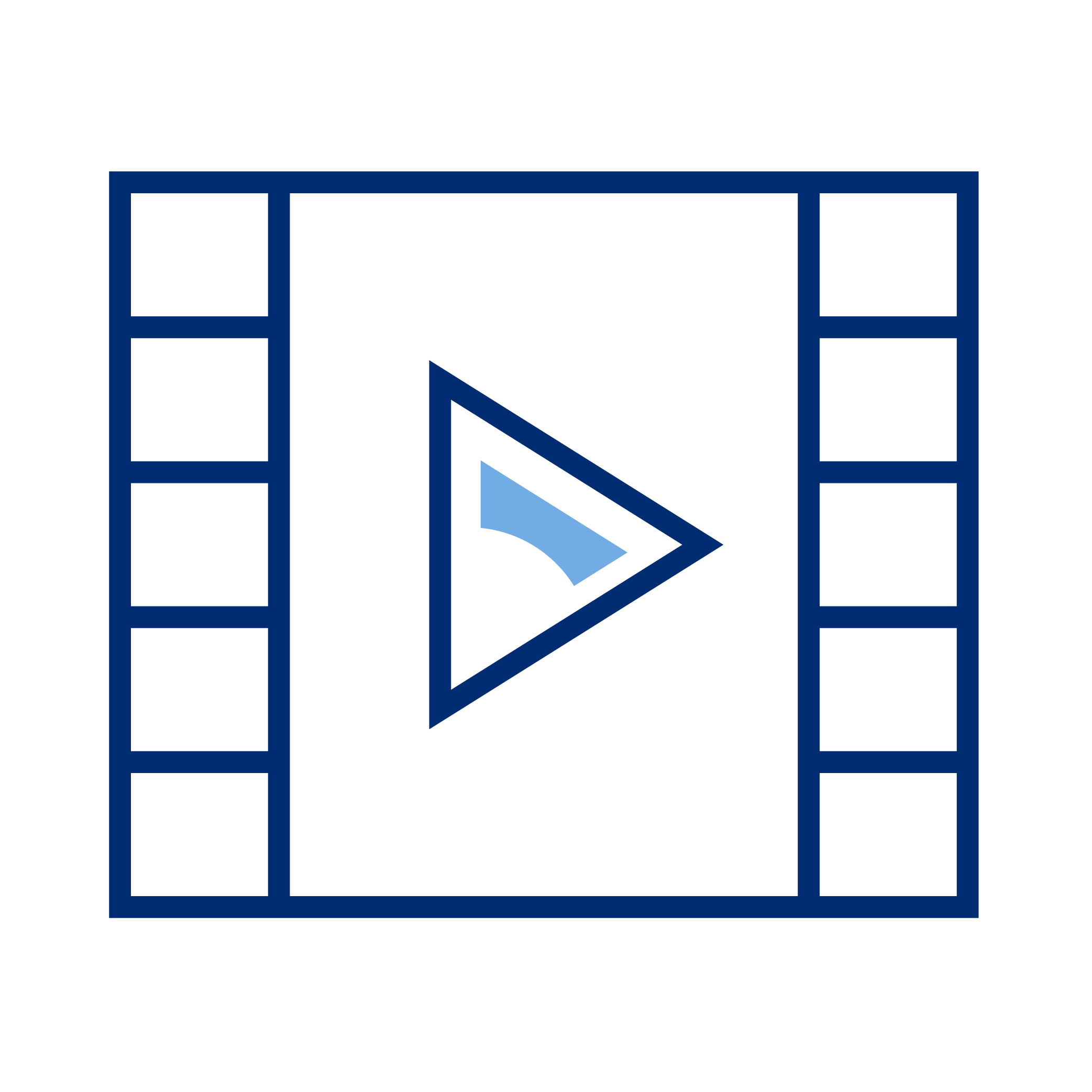 Video play button symbol inside a film strip outline.