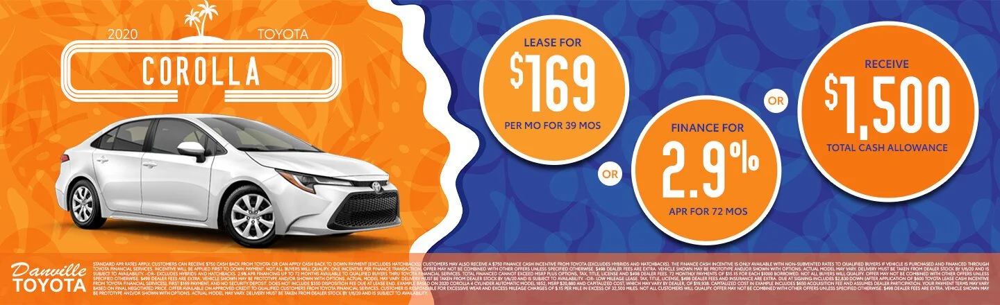 Toyota Corolla 2020 advertisement showing a silver sedan car with leasing options. Lease for $169 per month for 39 months or receive $1,500 cash. Finance option at 2.9% APR for 72 months.