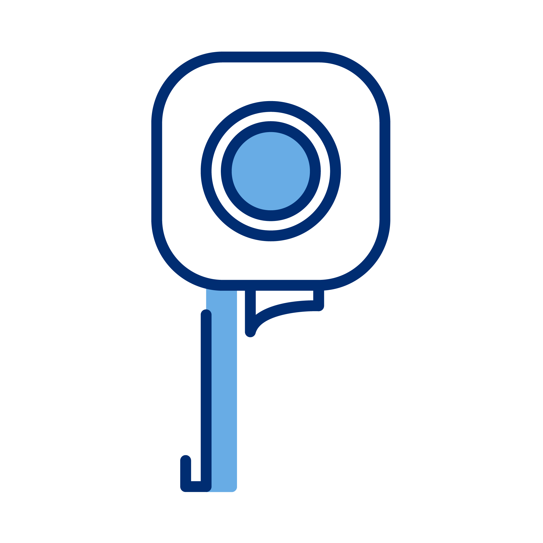 Blue outline drawing of a car key with a square-shaped head and circular button in the center.