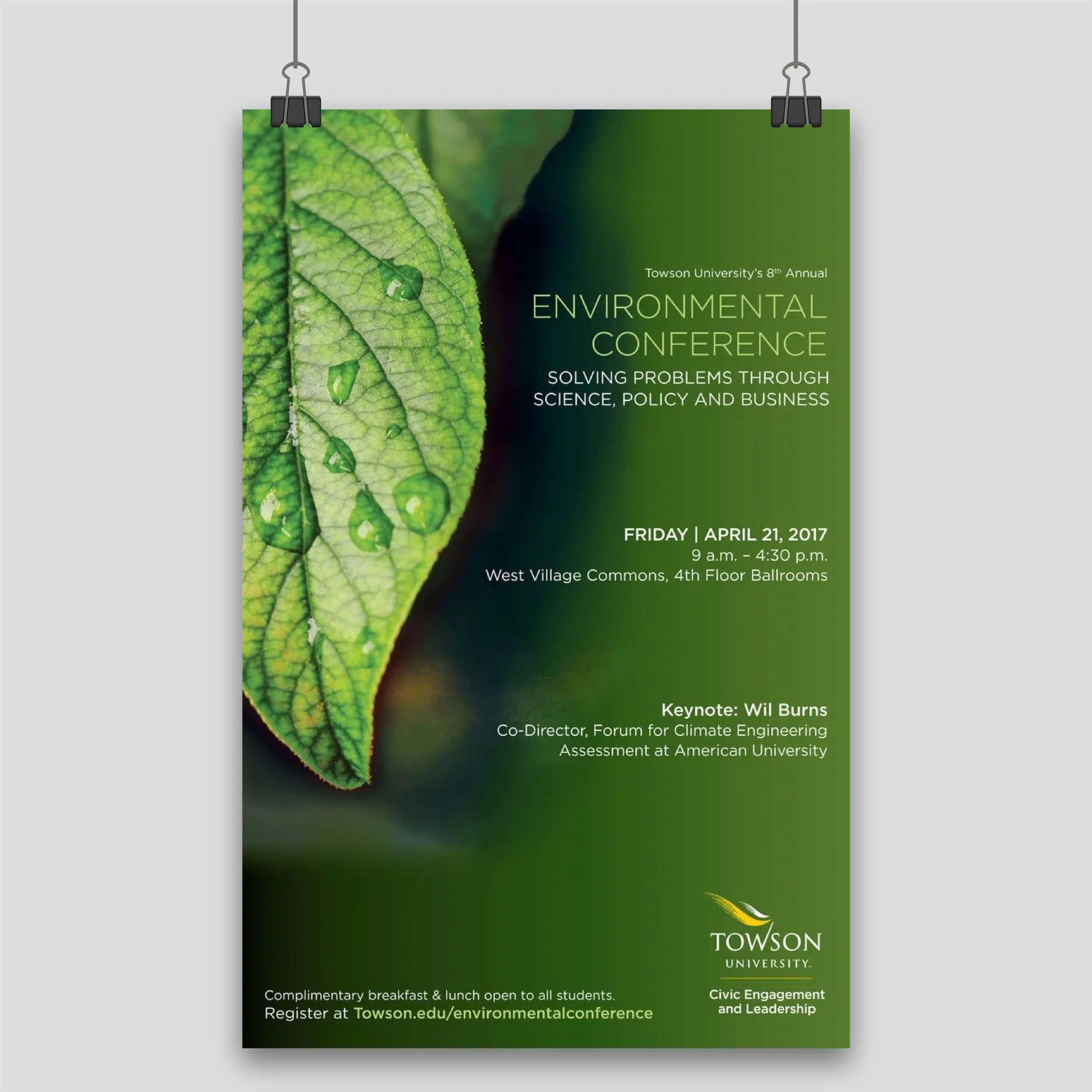 Green leaf with water droplets next to event details for Towson University's 8th Annual Environmental Conference on April 21, 2017, at West Village Commons.