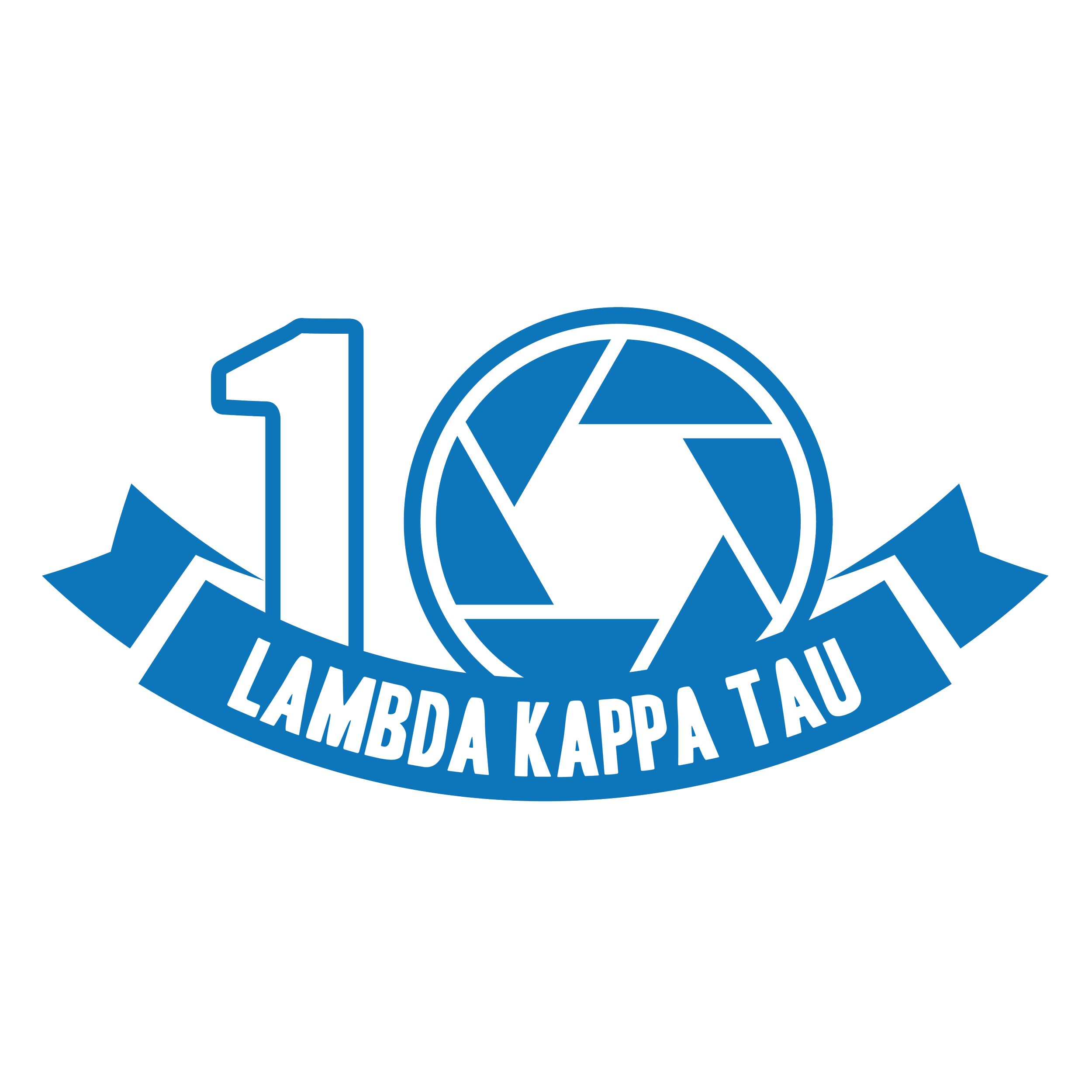 Blue anniversary emblem with the number 10, a camera aperture symbol, and a banner reading 'Lambda Kappa Tau'.