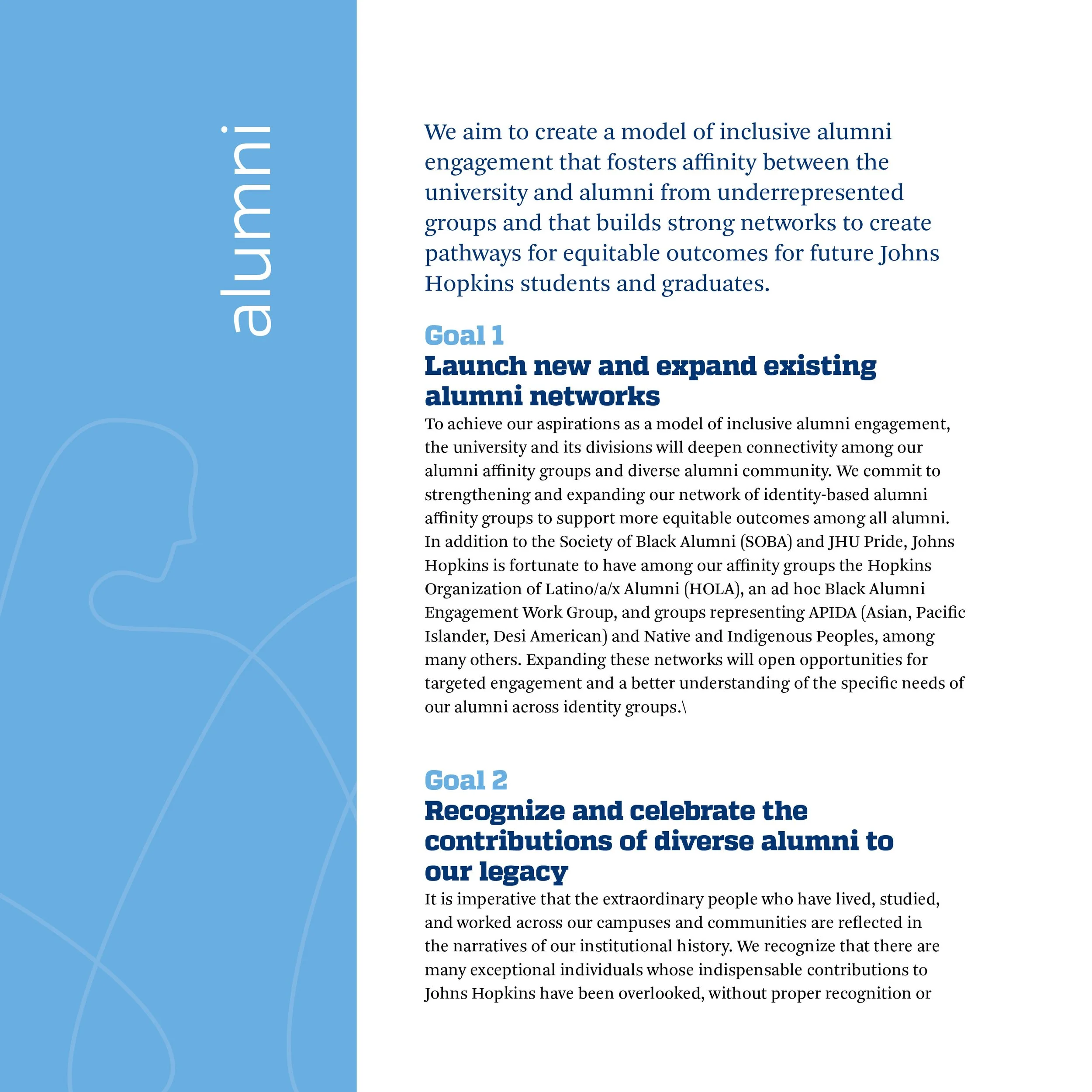 Text and light blue graphic design on a page about alumni engagement goals at Johns Hopkins University, featuring two main goals for alumni network expansion and recognition.