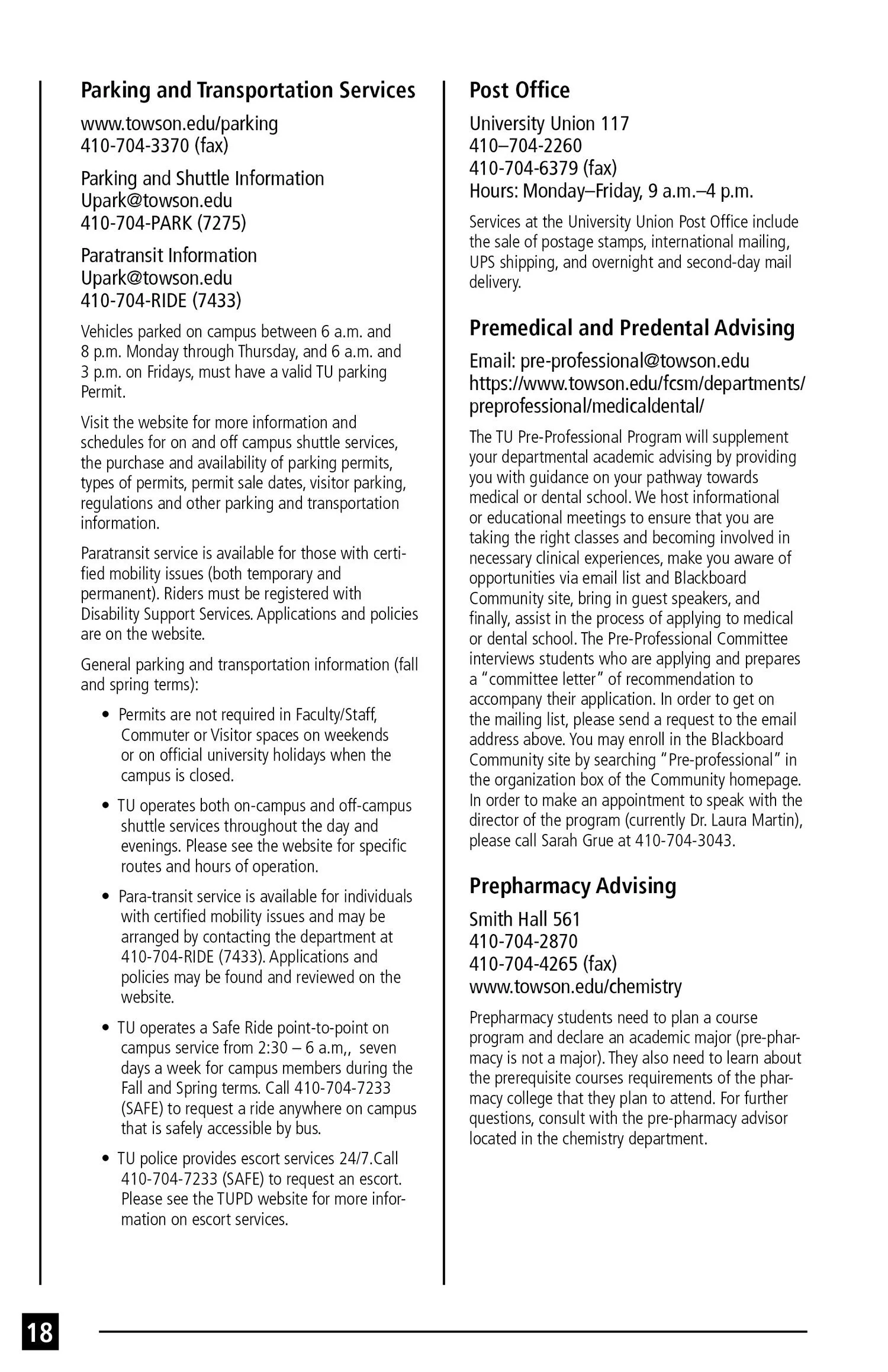 Text-based information about parking, post office, advising, and prepharmacy services at Towson University, including contact details and operational hours.