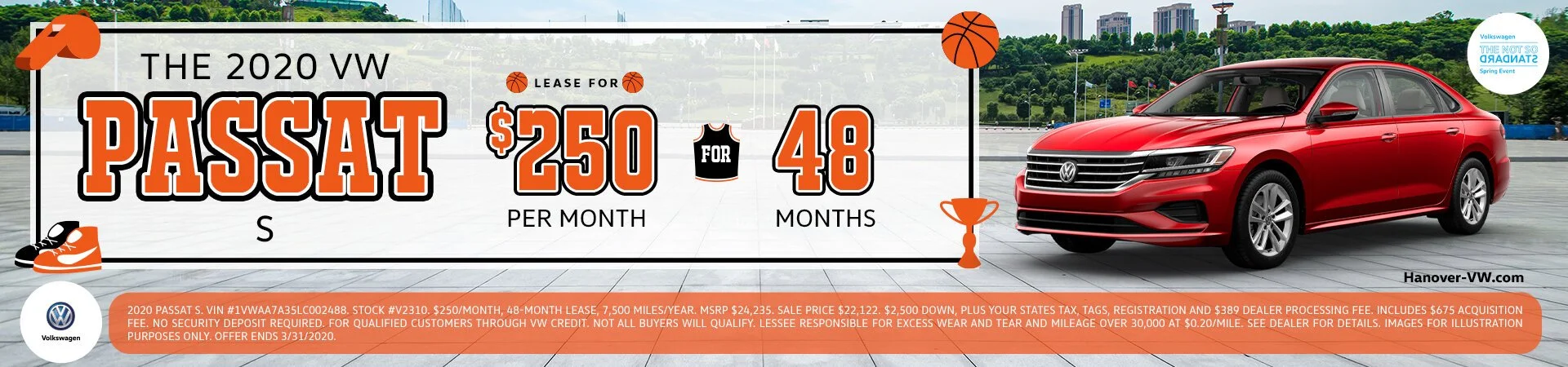 An advertisement for leasing a 2020 VW Passat, with a red car on the right side of the image, and the offer details displayed prominently on the left side with a basketball theme, including the price, lease period, and a quote about the vehicle.