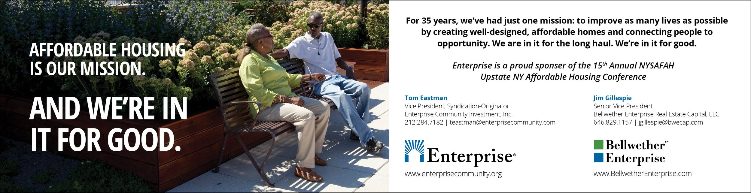 Two people sitting on a park bench outdoors surrounded by flowers, with text promoting affordable housing and contact information for Enterprise and Bellwether Enterprise from an advertisement.
