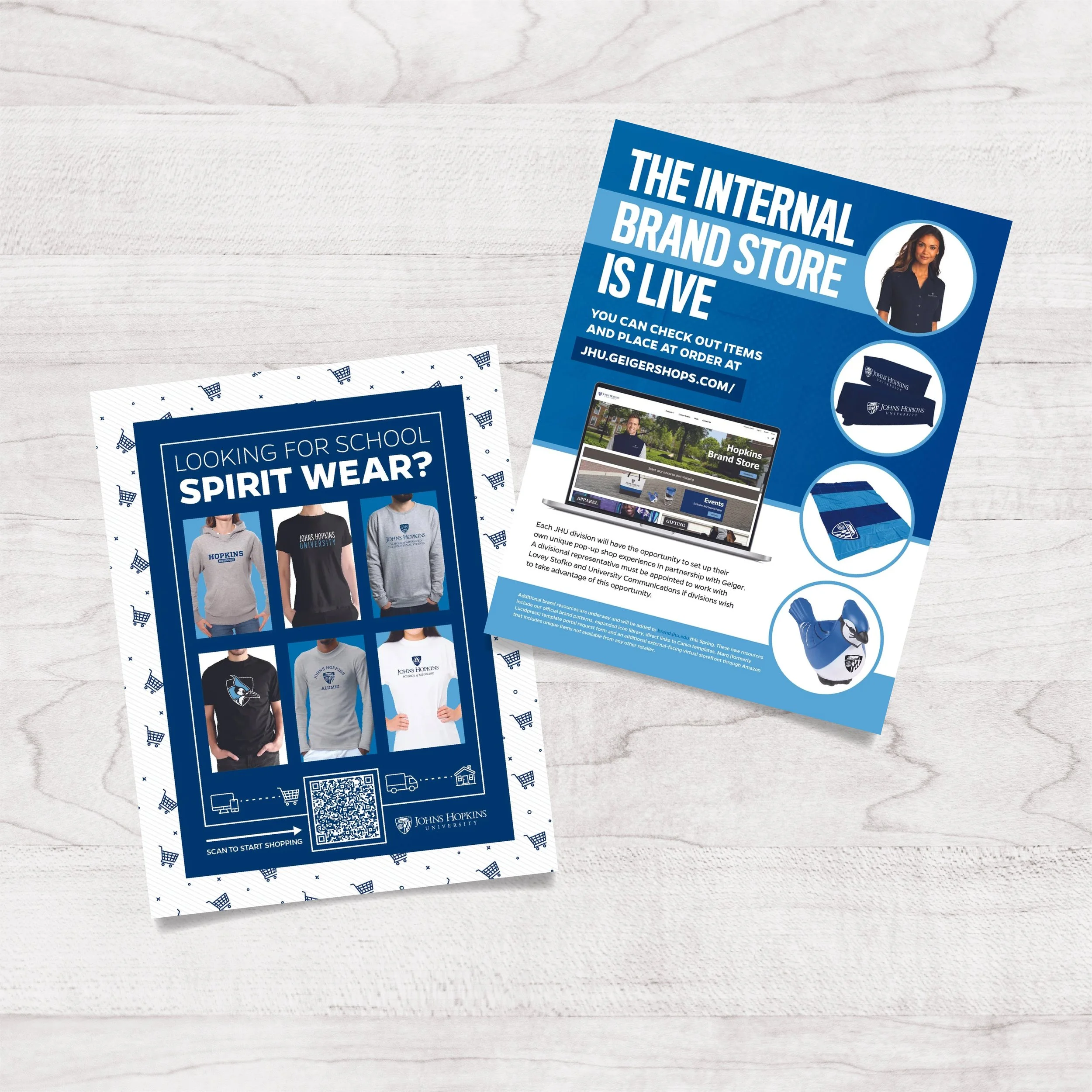Flyers promoting Johns Hopkins University spirit wear and internal brand store, featuring images of students in university apparel, QR code for shopping, and details about online ordering and store features.