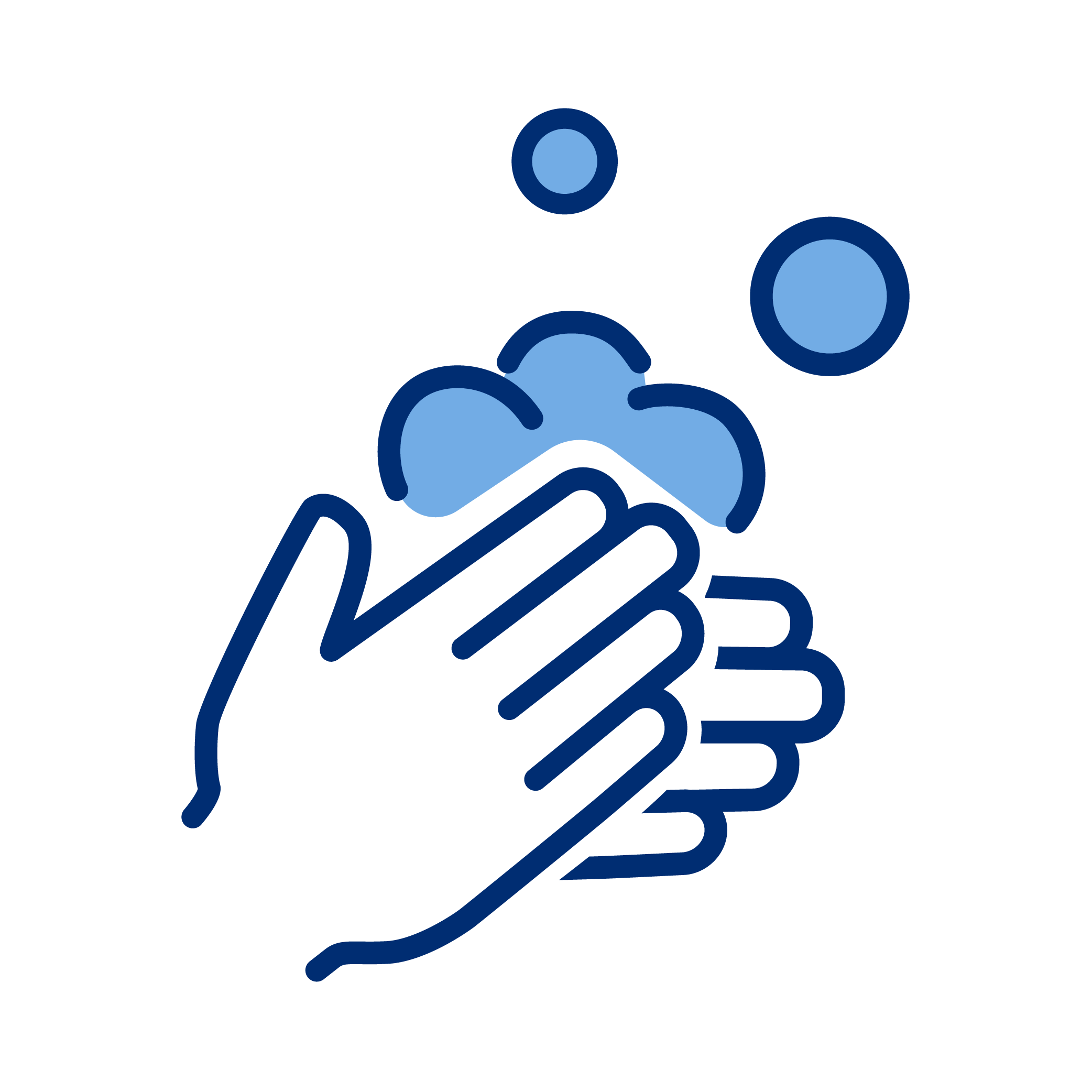 Icon of two hands washing with soap and water, with bubbles above