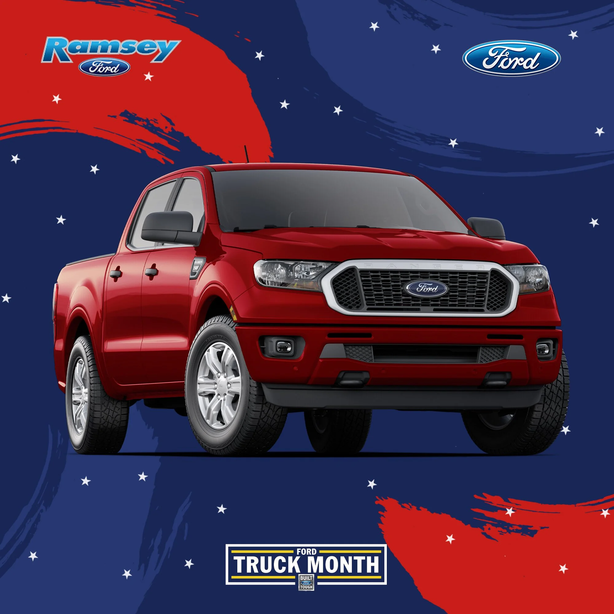 Red Ford pickup truck displayed on a graphic background celebrating Ford Truck Month with Ford logos and stars.
