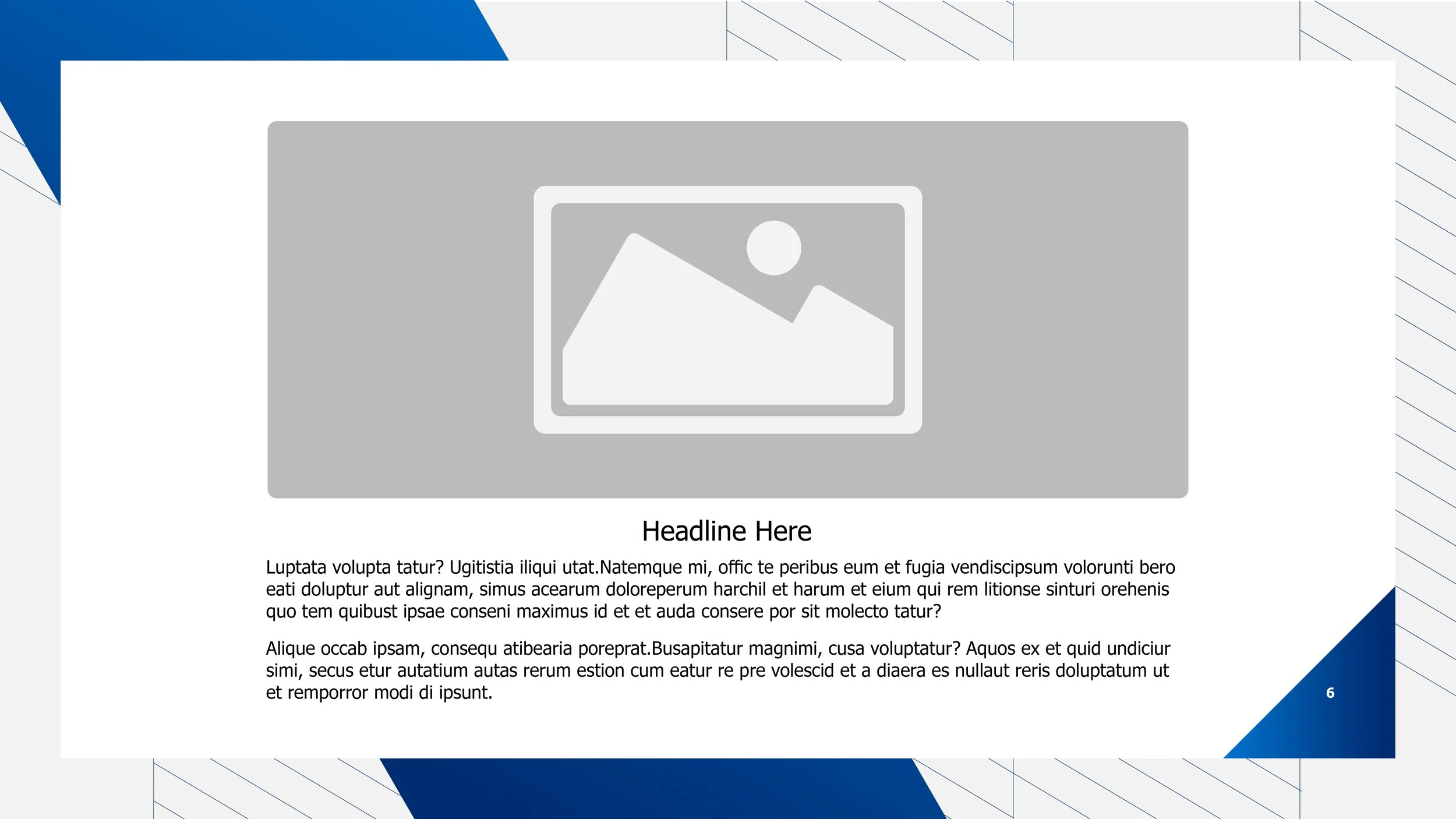 Template slide with a large gray placeholder for an image and placeholder texts for headline and body content. Blue geometric accents in the top left and bottom right corners.