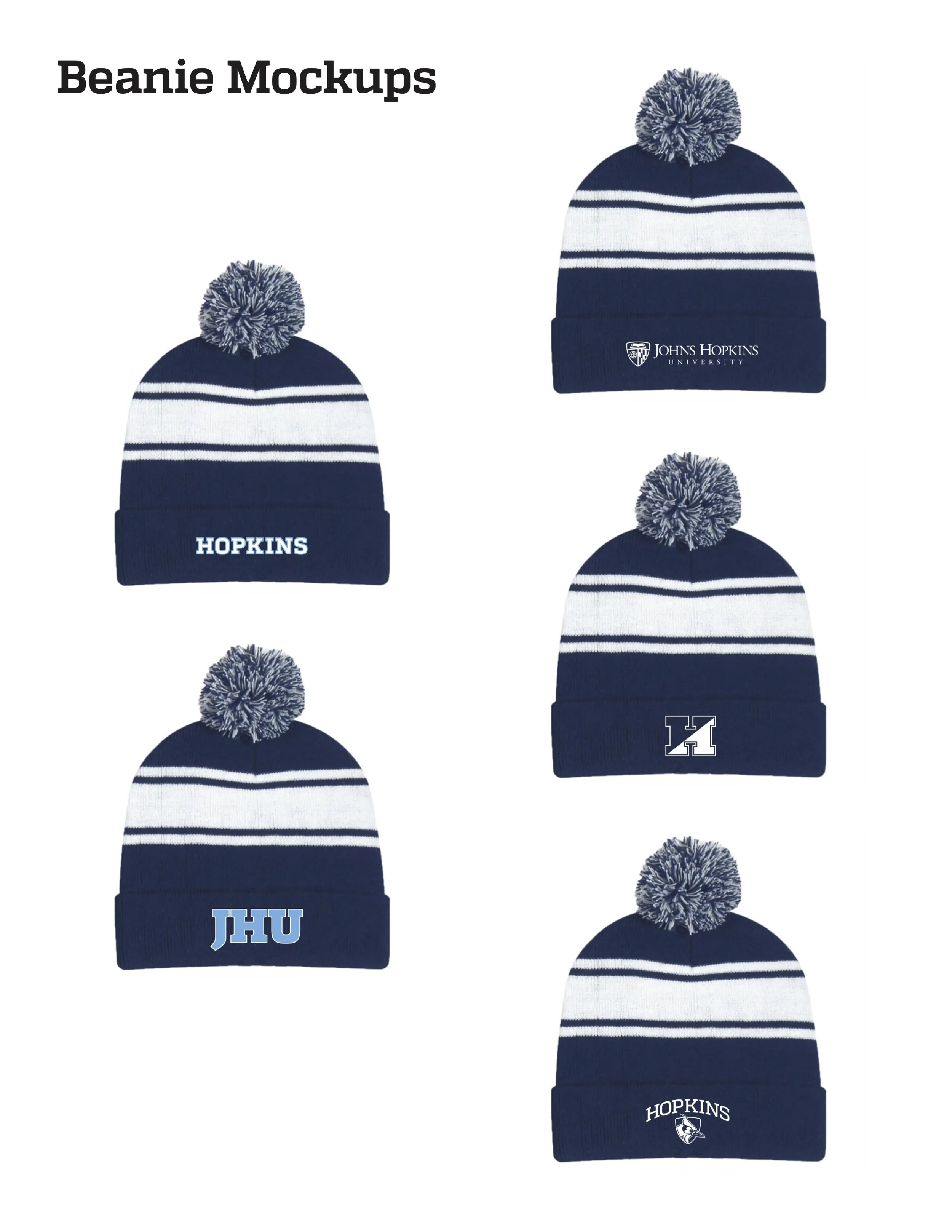 Six navy blue and white striped beanie hats with pom-poms, each featuring different university or organization logos or text, displayed against a plain background with the title "Beanie Mockups" at the top left.
