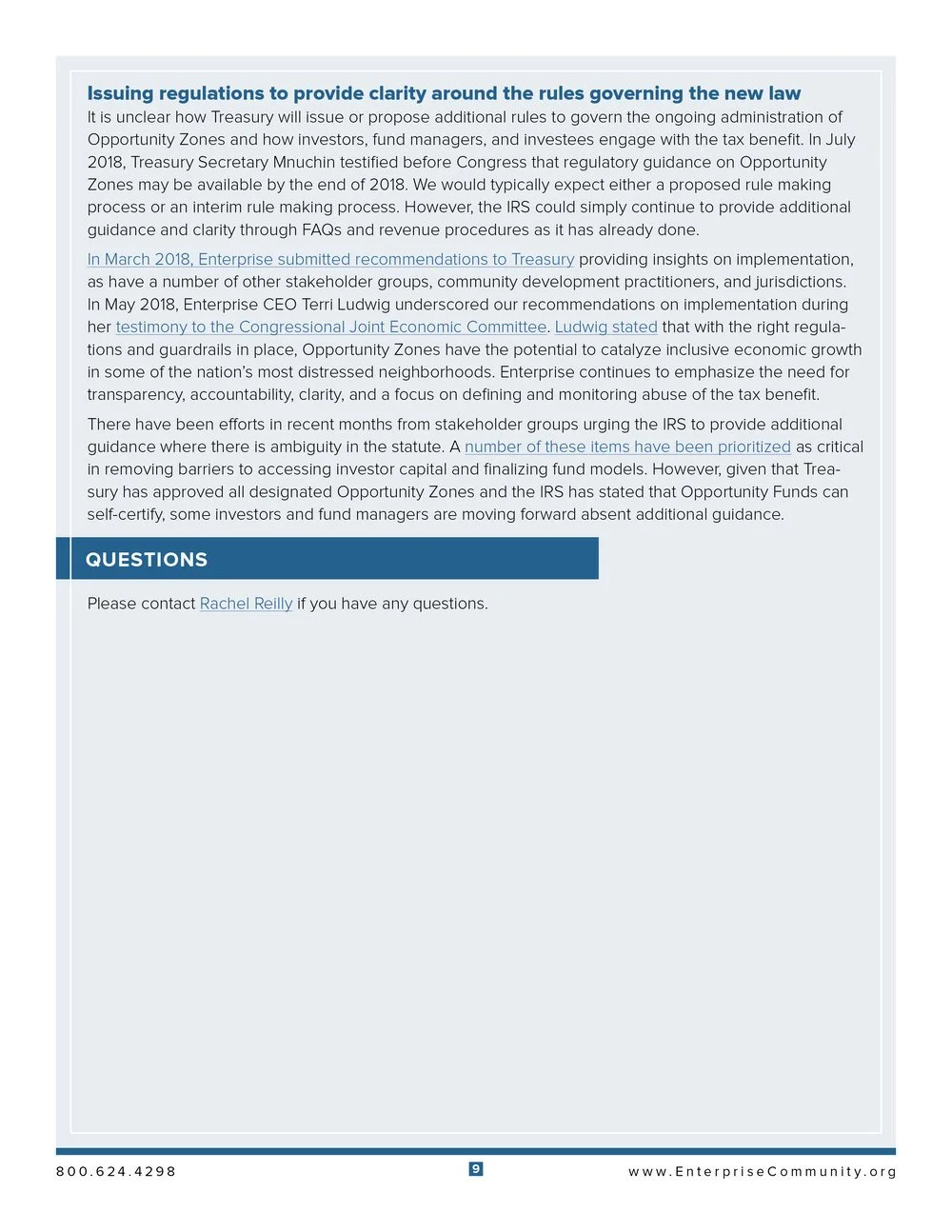 Page of a document discussing regulations and guidelines about Opportunity Zones, including references to congressional testimony and Treasury recommendations, with a section for questions and contact information for Rachel Reilly.
