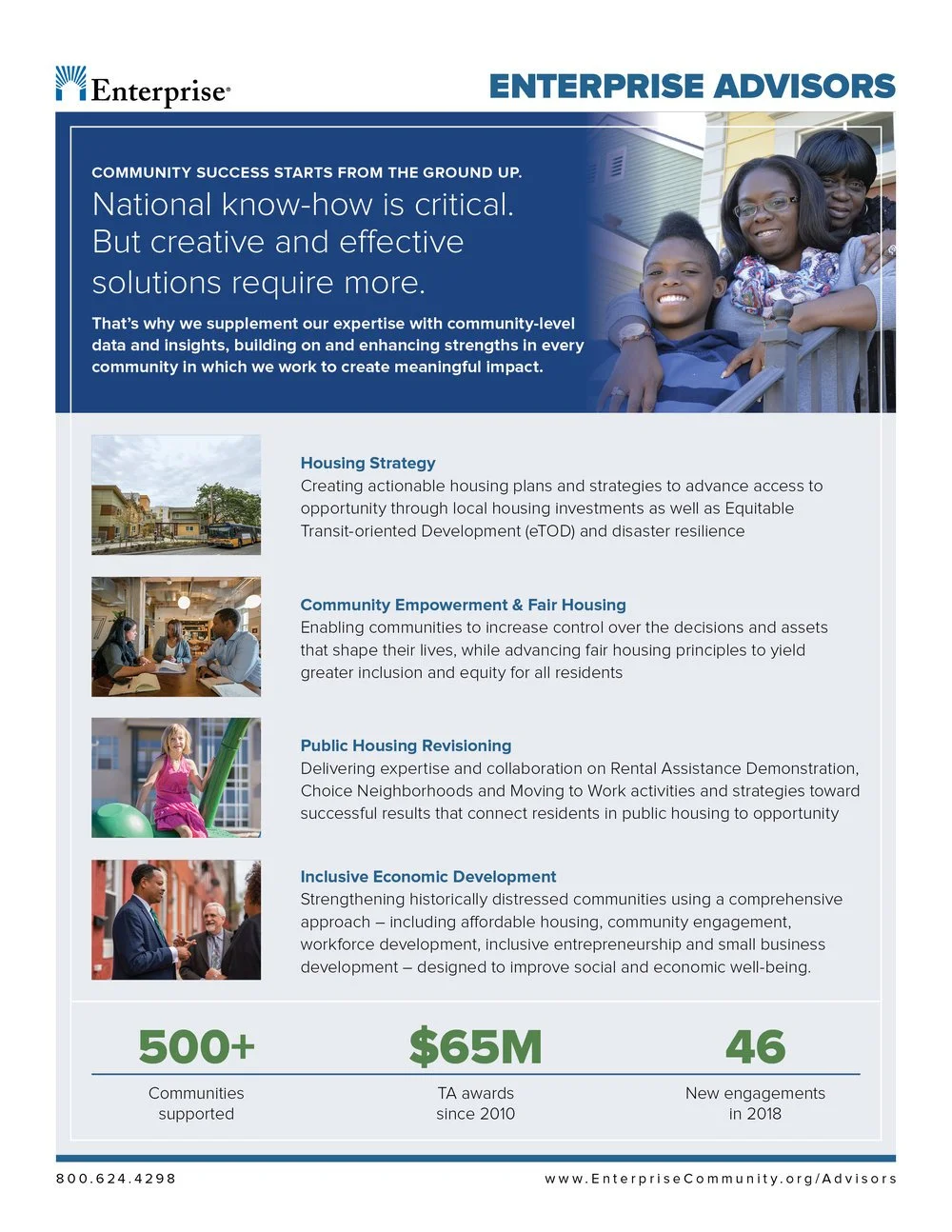 A community outreach flyer from Enterprise Advisors highlighting their services including housing strategy, community empowerment and fair housing, public housing revisioning, and inclusive economic development, with images of people and neighborhood