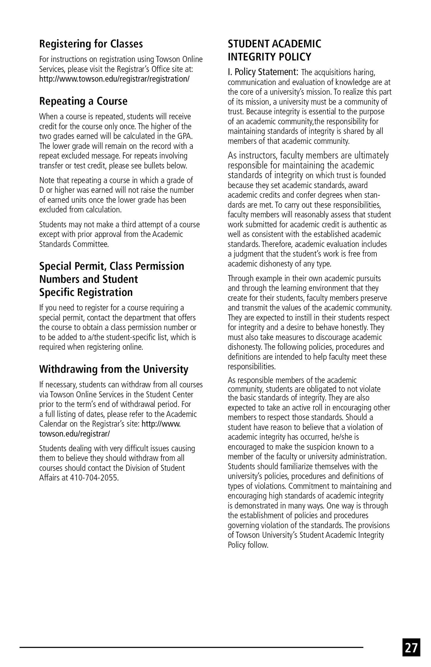 Page 27 of a document with sections on registering for classes, repeating a course, special permits and withdrawals, and a student academic integrity policy from Towson University.