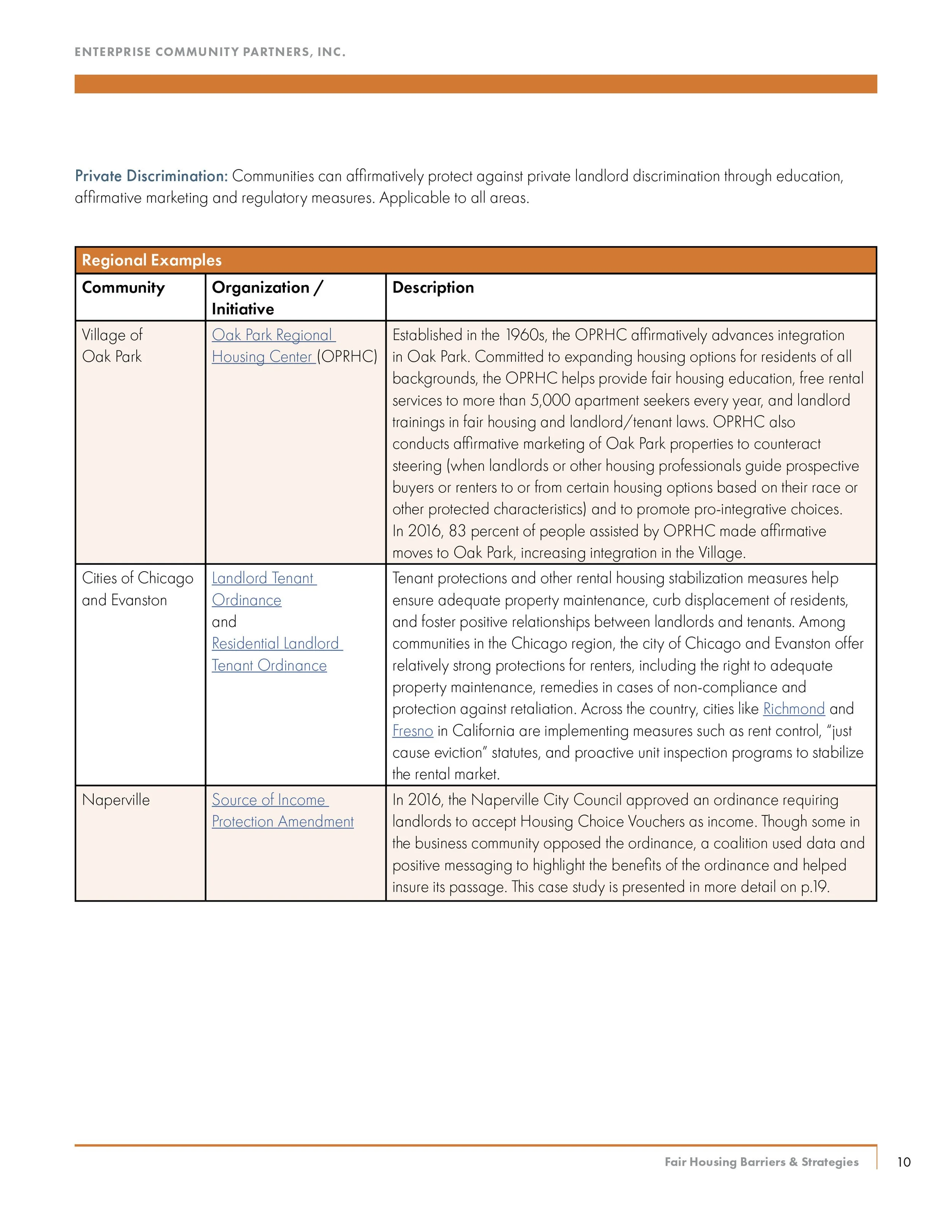 A table listing regional examples of private discrimination protections, including the Village of Oak Park Housing Center, Cities of Chicago and Evanston Landlord Tenant Ordinance, and the Naperville Source of Income Protection Amendment, with descri