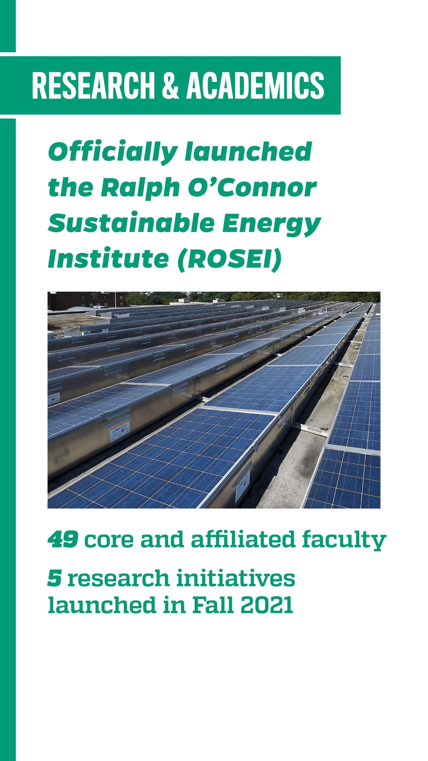 Flyer announcing the launch of the Ralph O'Connor Sustainable Energy Institute (ROSEI), featuring an image of solar panels and information about faculty and research initiatives.