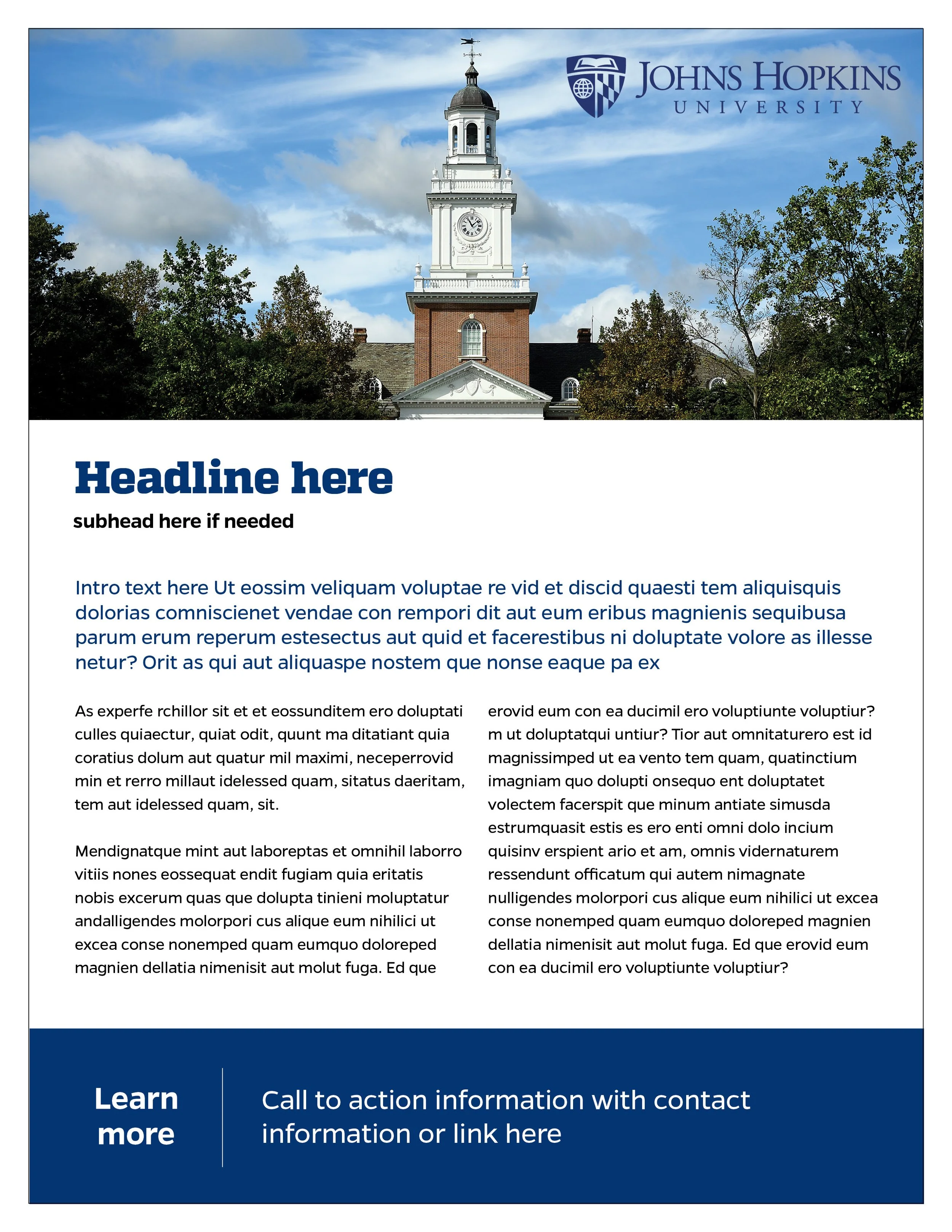 Flyer for Johns Hopkins University featuring a photo of a clock tower with a weathervane on top, a blue sky with clouds, and green trees. The flyer contains placeholder text, a headline, subhead, and a call to action for contact information.