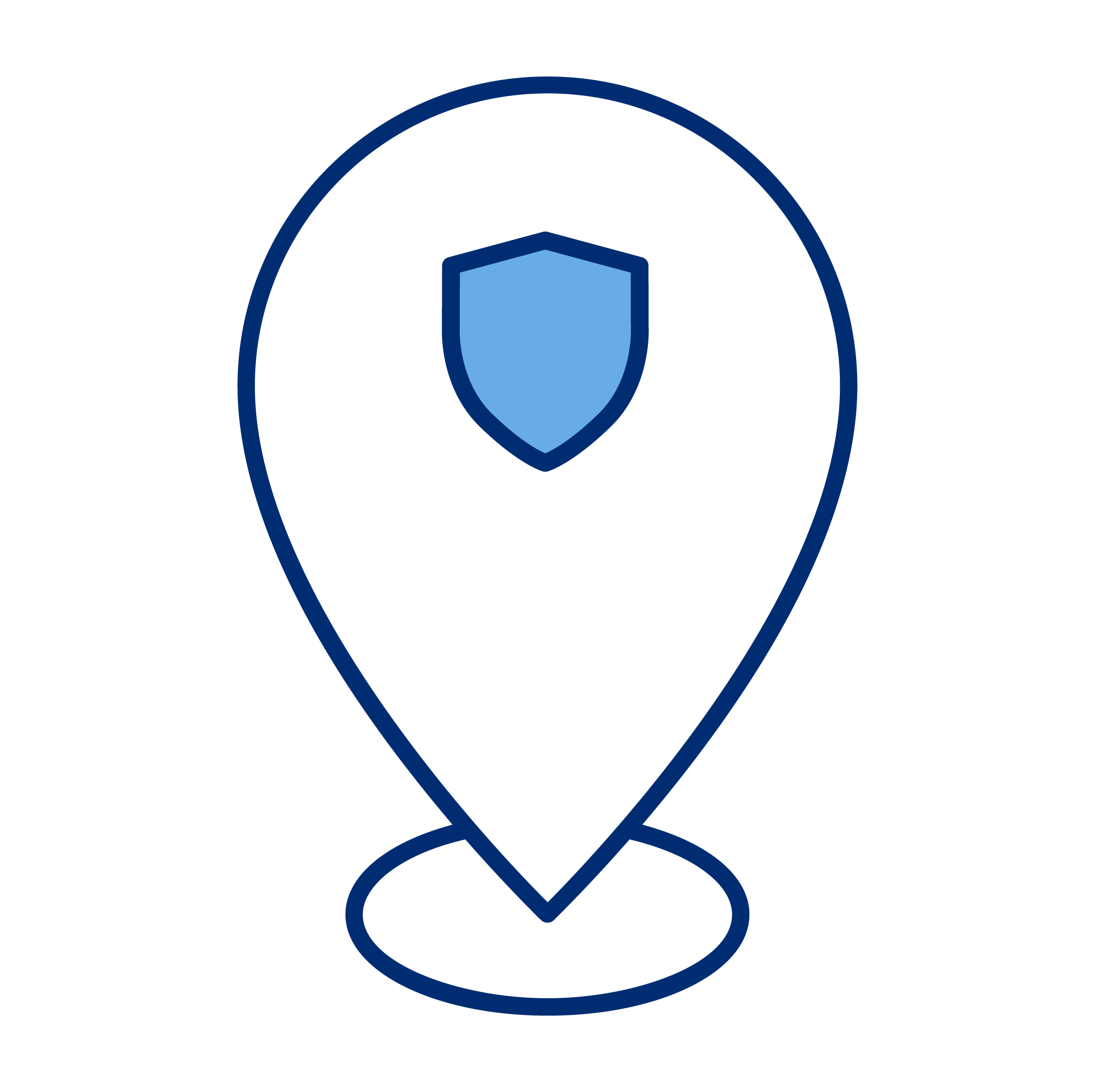 Icon of a location pin with a shield inside, representing security or protected location.