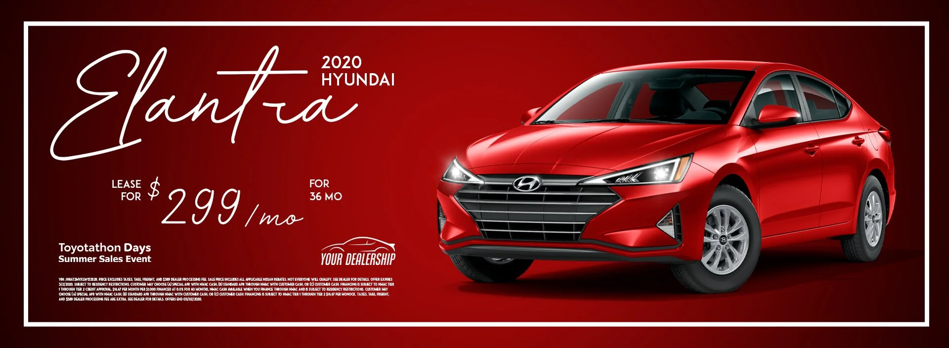 Red 2020 Hyundai Elantra sedan on red background with white border, promotional offer for $299/month lease for 36 months during Toyotathon Summer Sales Event.