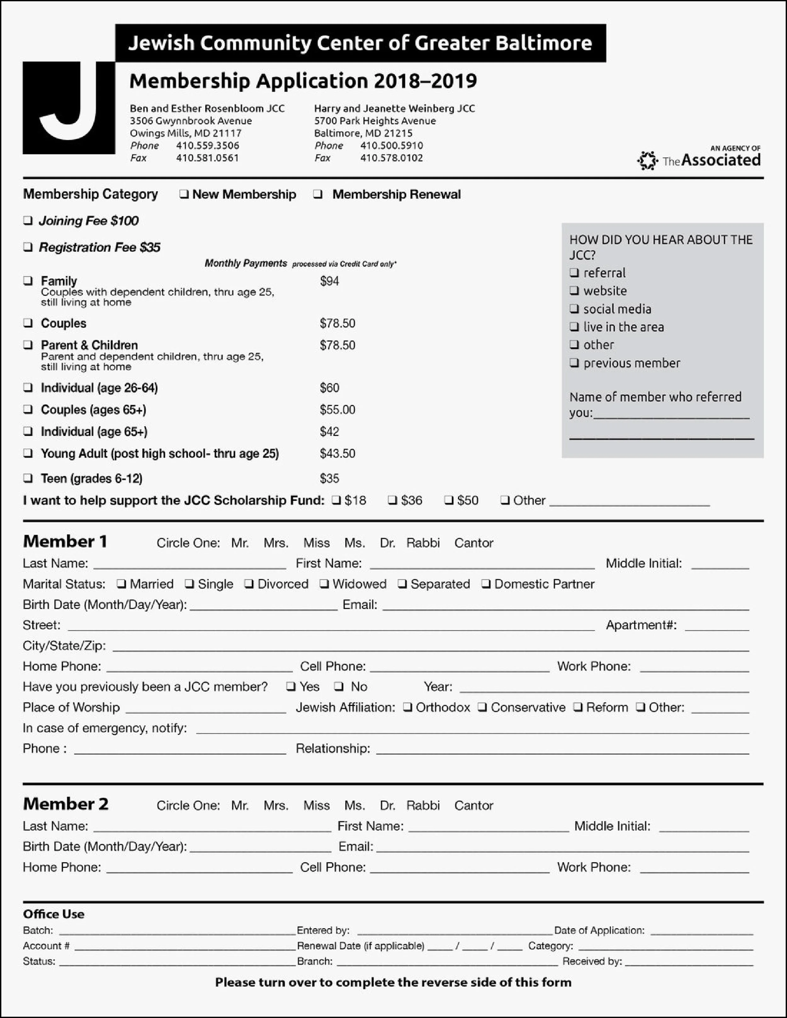 A membership application form for the Jewish Community Center of Greater Baltimore 2018-2019, with sections for personal information, membership categories, and a questionnaire about how the applicant heard about the JCC.
