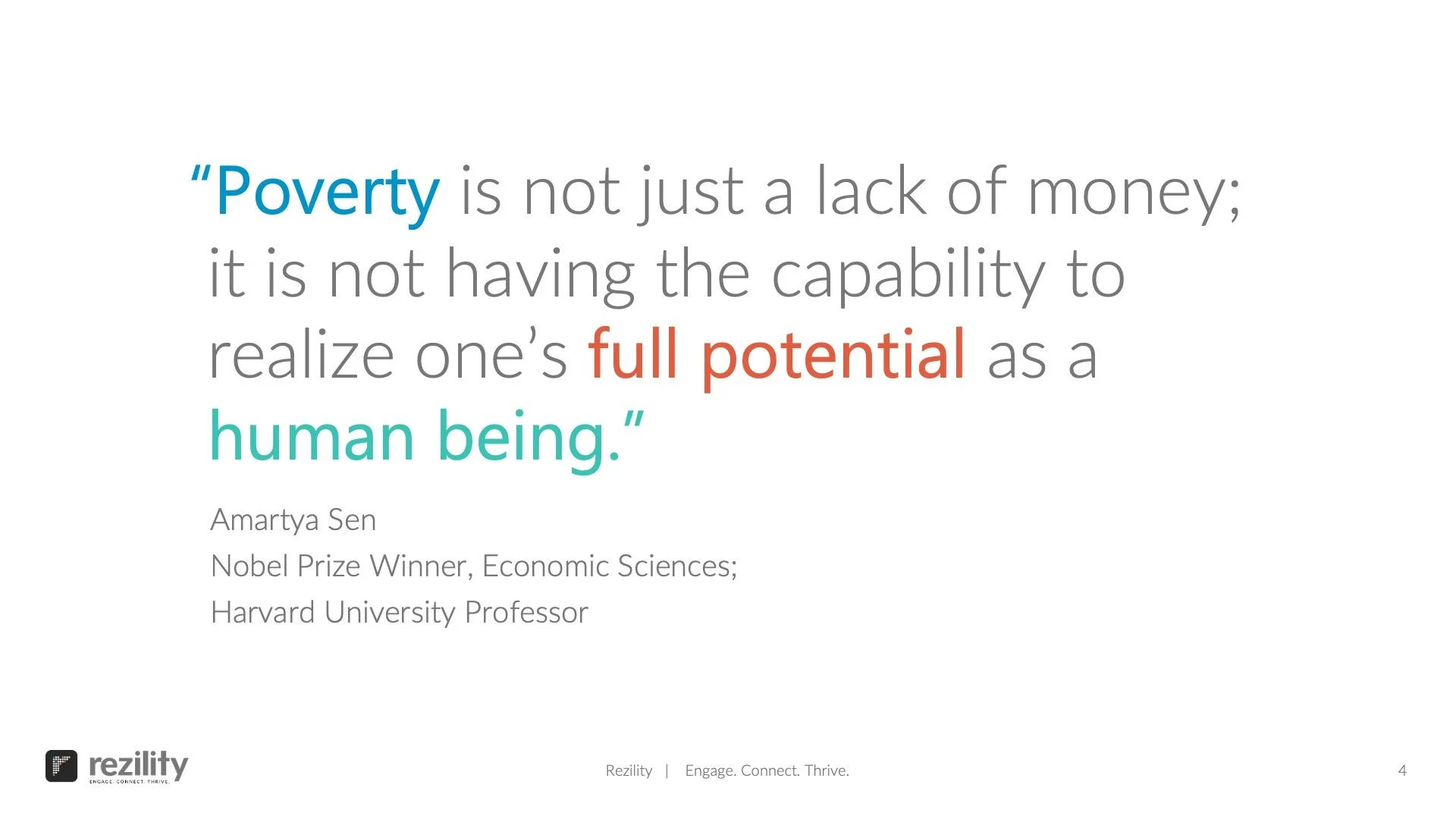 Quote by Amartya Sen on poverty, full potential, and human being with colorful text; Rezility branding at bottom.