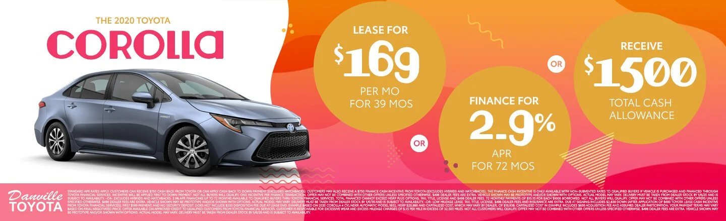 Advertisement for 2020 Toyota Corolla showing a gray sedan with leasing and financing options. Lease for $169/month or finance for 2.9% APR. Receive up to $1500 cash allowance. Promotional colors pink, orange, and yellow with text details.