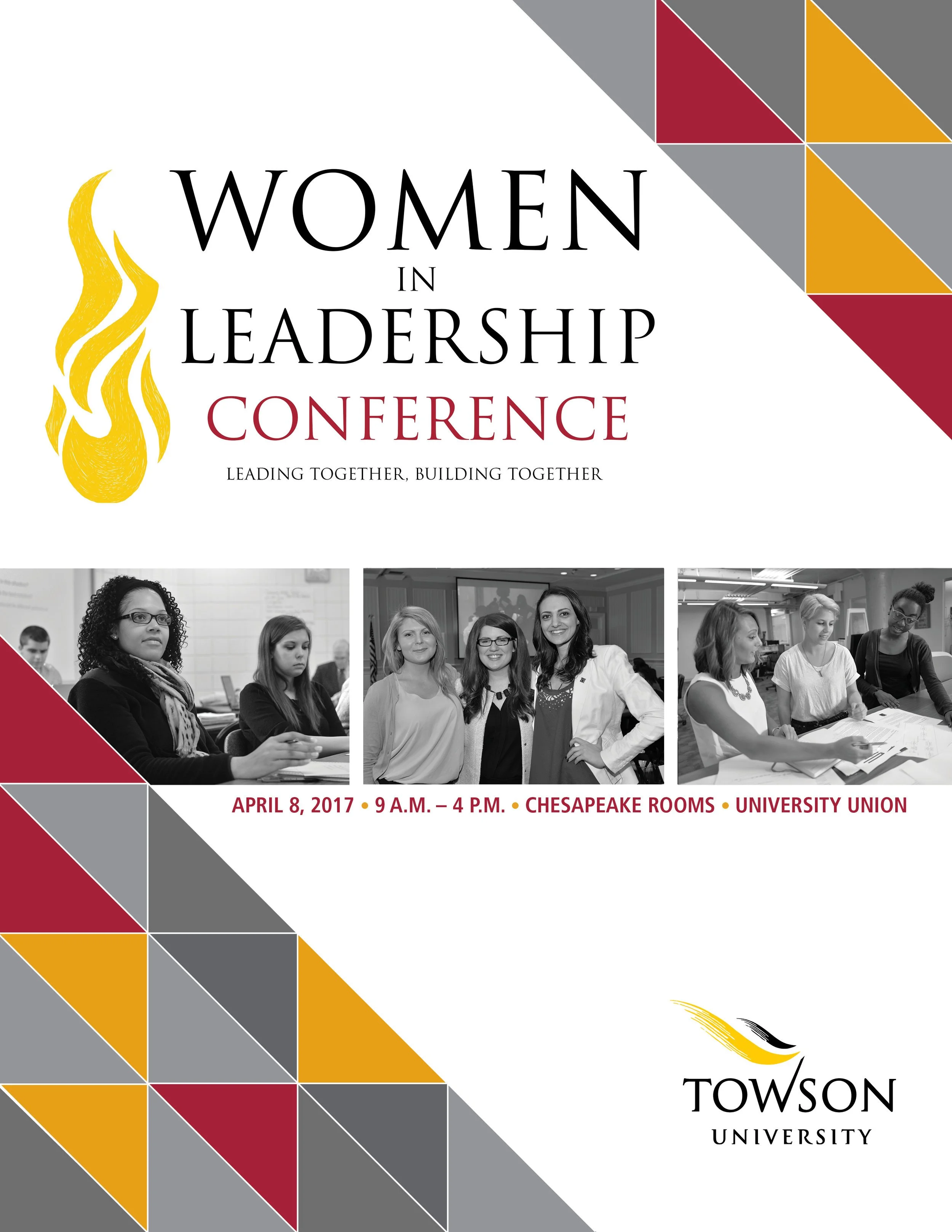 Flyer for the Women in Leadership Conference at Towson University on April 8, 2017, featuring three group photos of women, conference details, and Towson University logo.