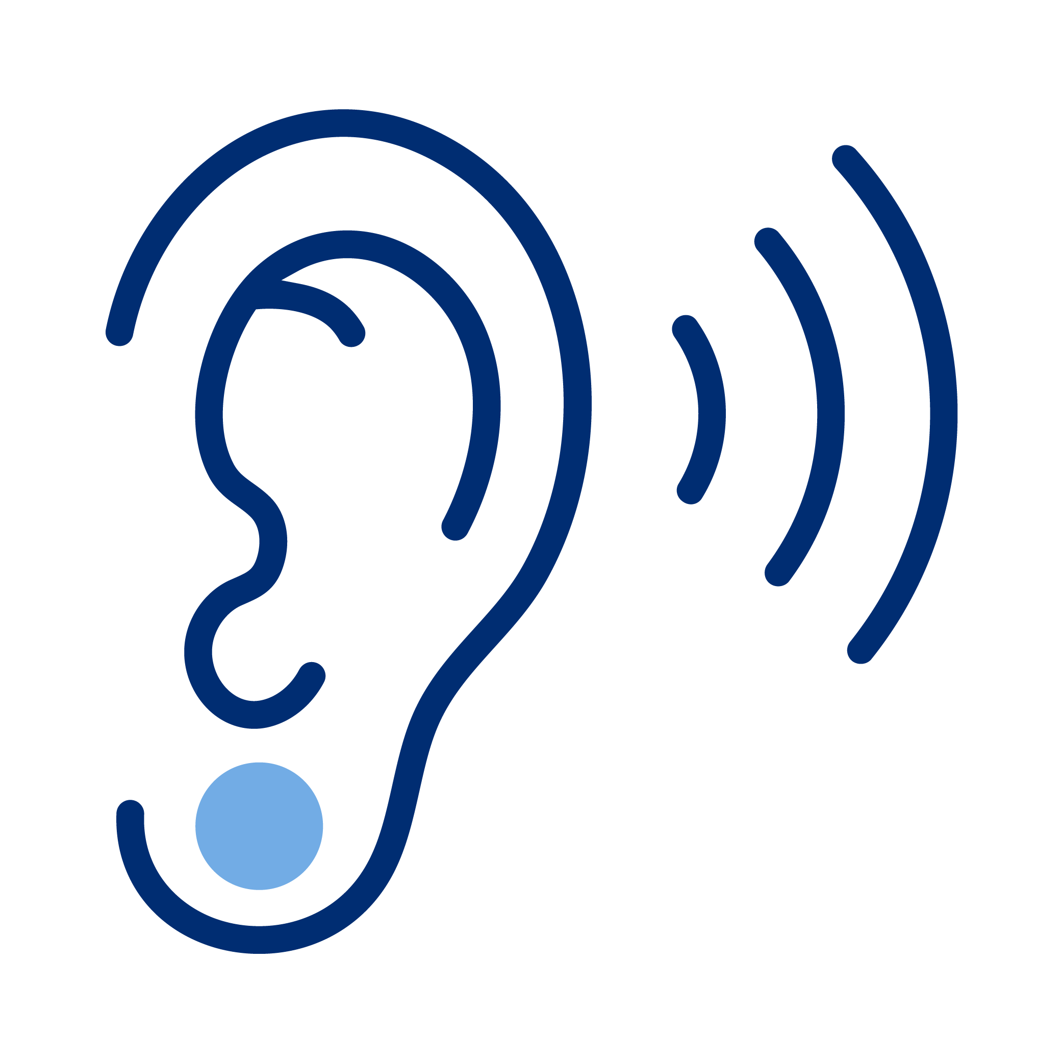 Line drawing of a human ear with sound waves emanating from it, representing hearing or listening.