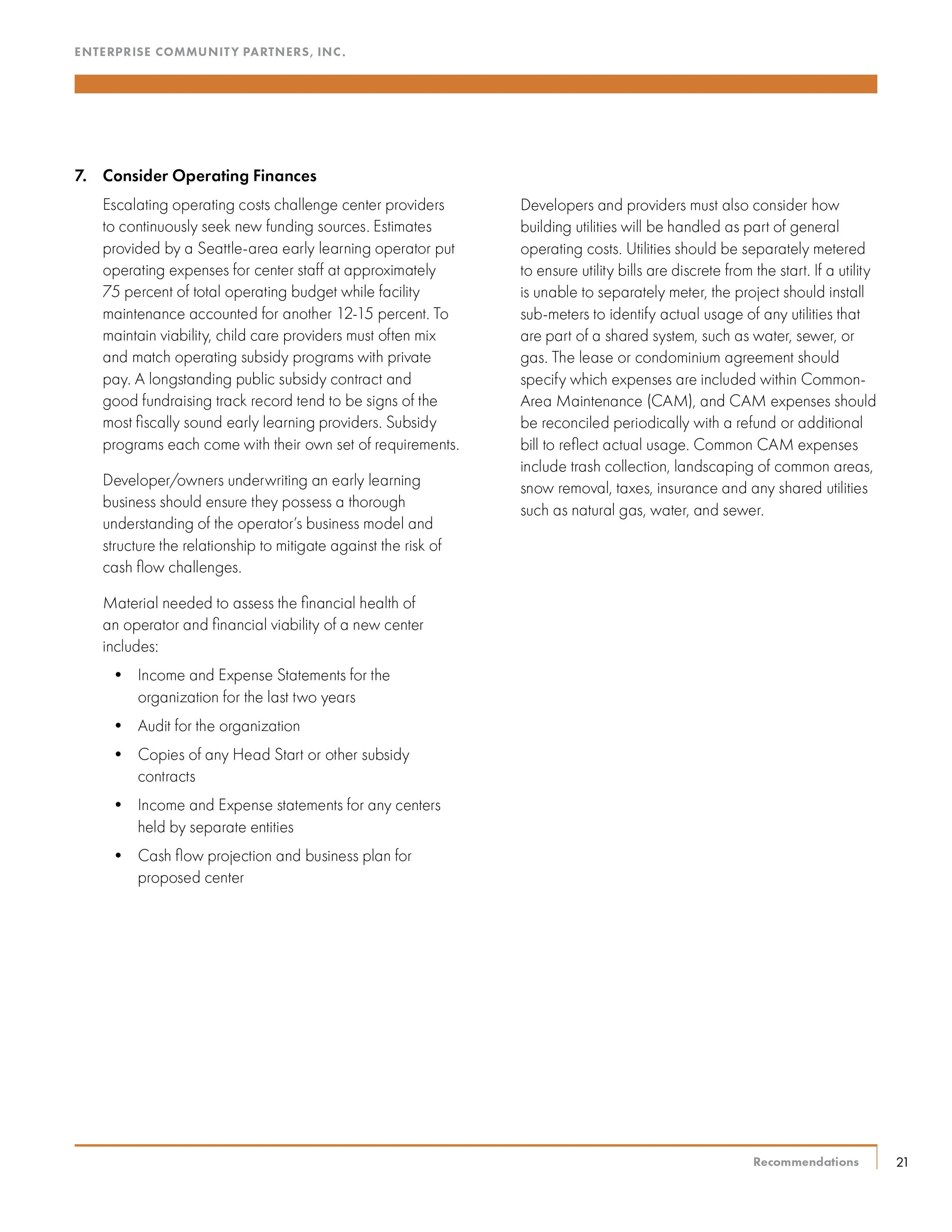 A page from a PDF document discussing operating finances for community centers, including funding sources, financial health assessment, and utility management.