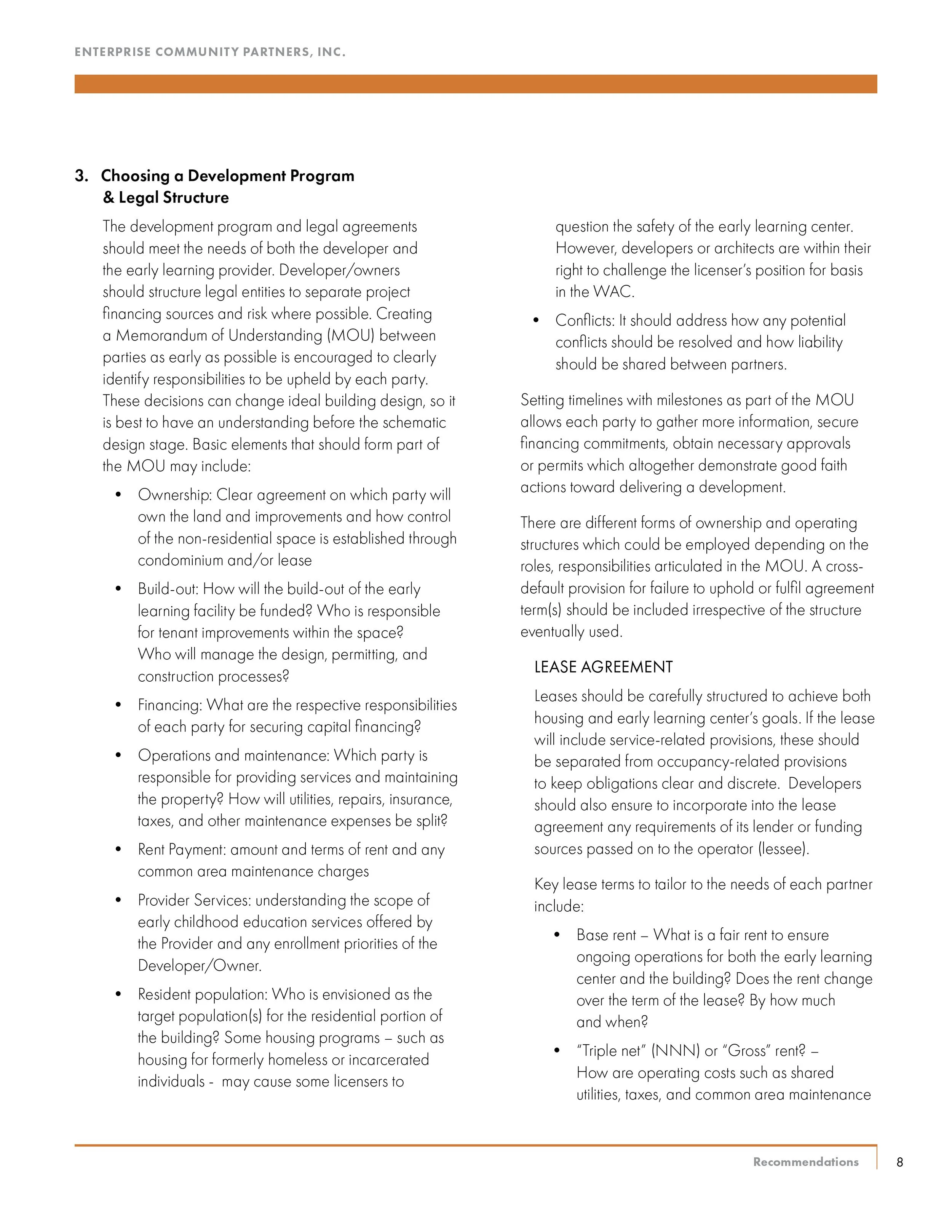Page from a printed guide or manual discussing choosing a development program and legal structure, with sections on ownership, build-out, financing, operations, rent payment, provider services, resident population, conflicts, and lease agreements.