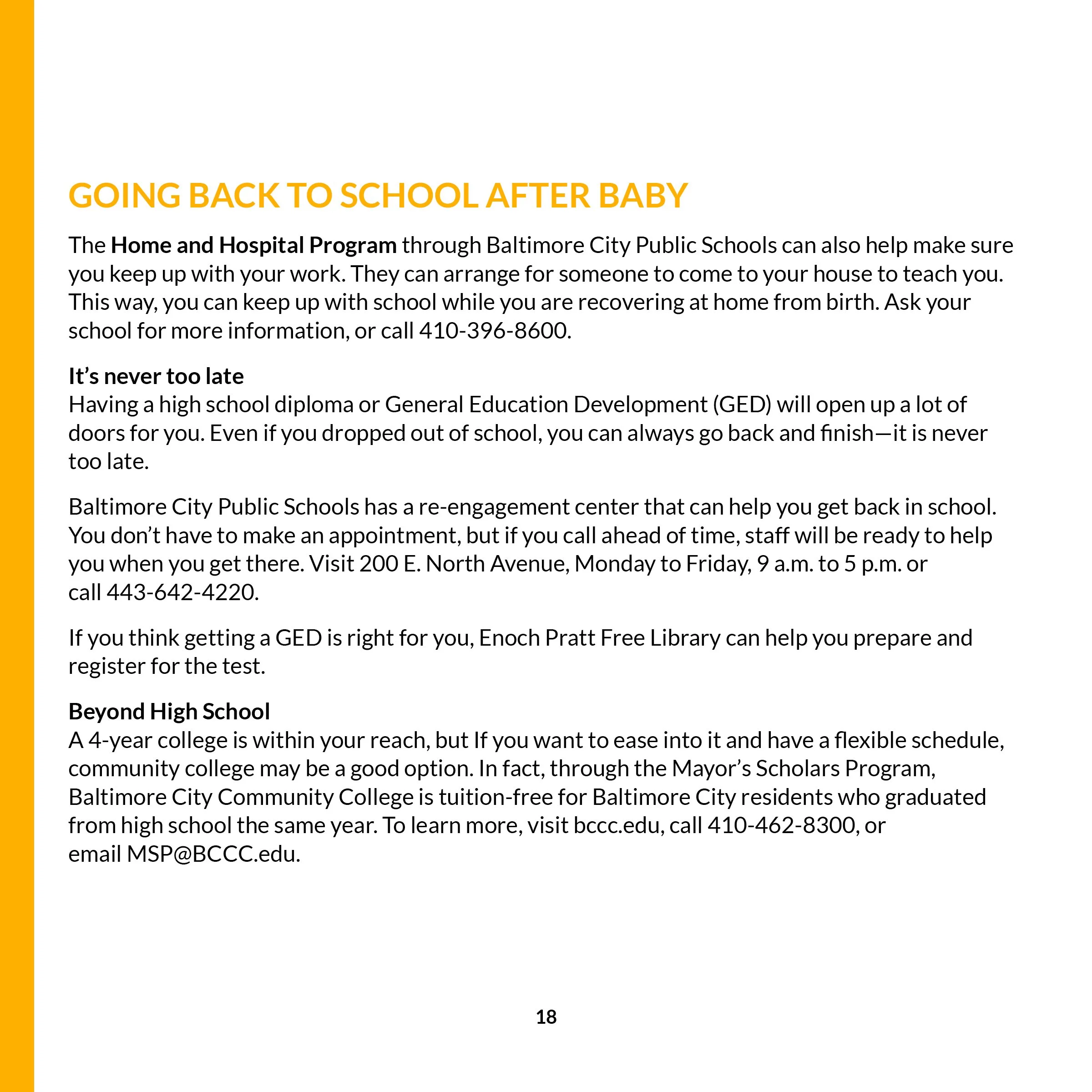 Page titled 'Going Back to School After Baby' with information about Baltimore City Public Schools' programs for returning to school, including home and hospital program, GED preparation, and community college options.