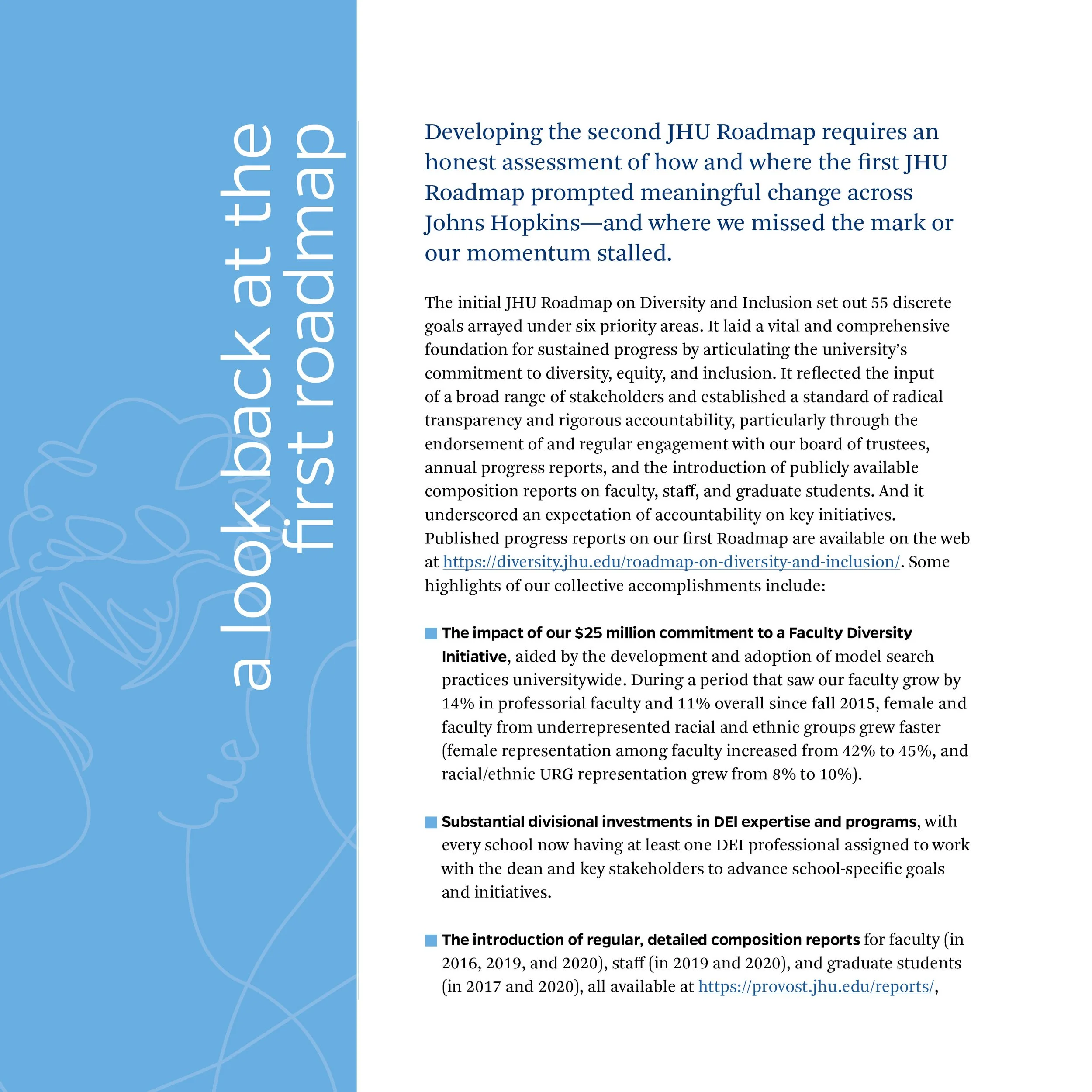 A flyer titled 'A look back at the first Roadmap' from Johns Hopkins University discussing progress on diversity and inclusion initiatives.