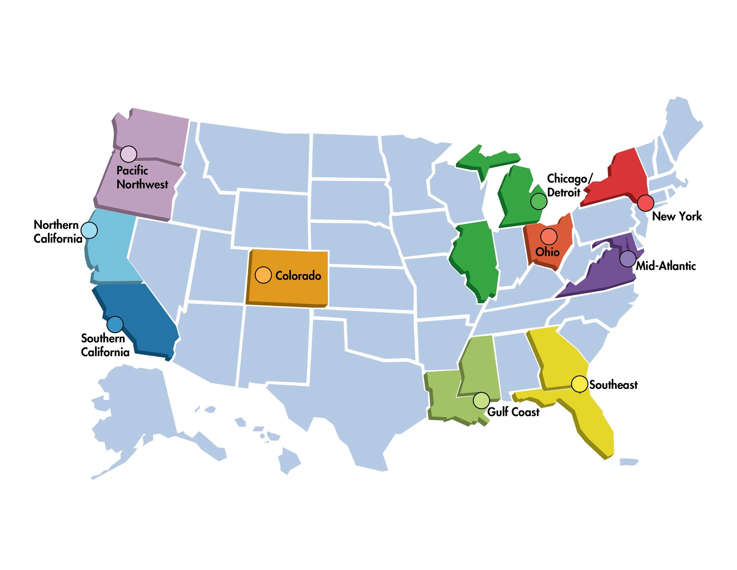 A map of the United States with each region marked by a different color. Western region includes Northern and Southern California, marked in light and dark blue. Midwest has Illinois, Indiana, Michigan, Ohio, and Wisconsin in green. Northeast include