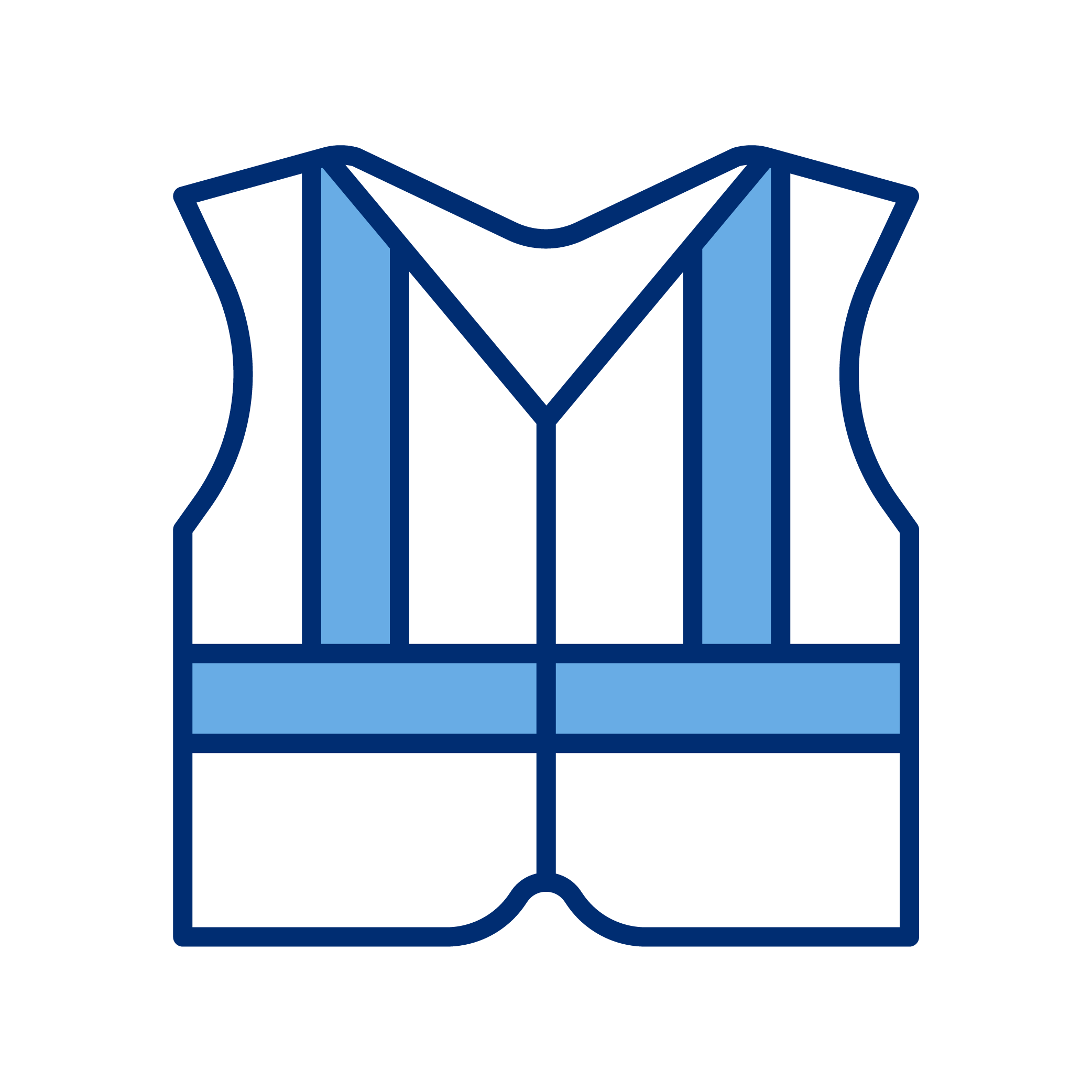 Illustration of a blue safety vest with dark blue outline, showing a front view with shoulder straps and horizontal reflective strip.