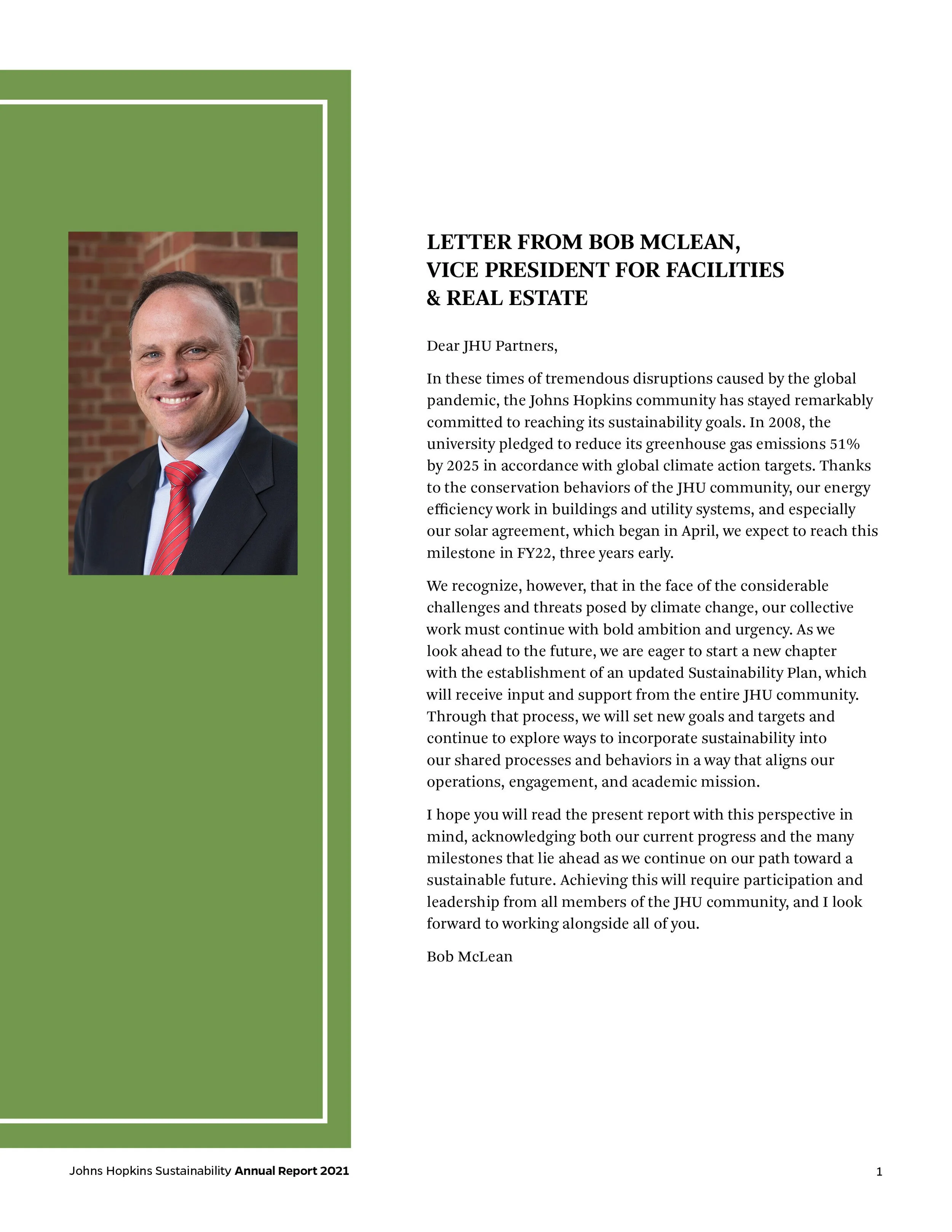 Page from Johns Hopkins Sustainability Annual Report 2021 featuring a professional headshot photograph of Bob McLean, Vice President for Facilities & Real Estate, alongside a letter from him addressing sustainability efforts at Johns Hopkins.
