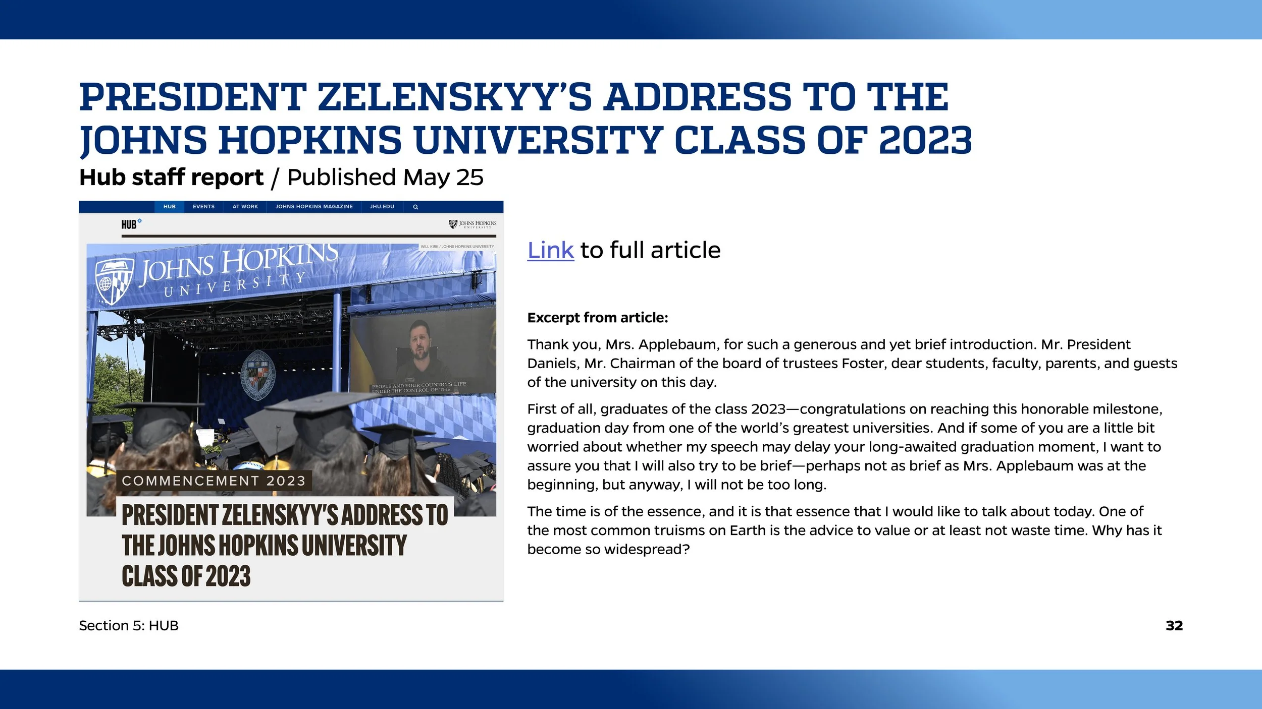 Screenshot of a webpage featuring President Zelenskyy's address to the Johns Hopkins University class of 2023, with an image of a graduation ceremony stage and graduates wearing caps and gowns.