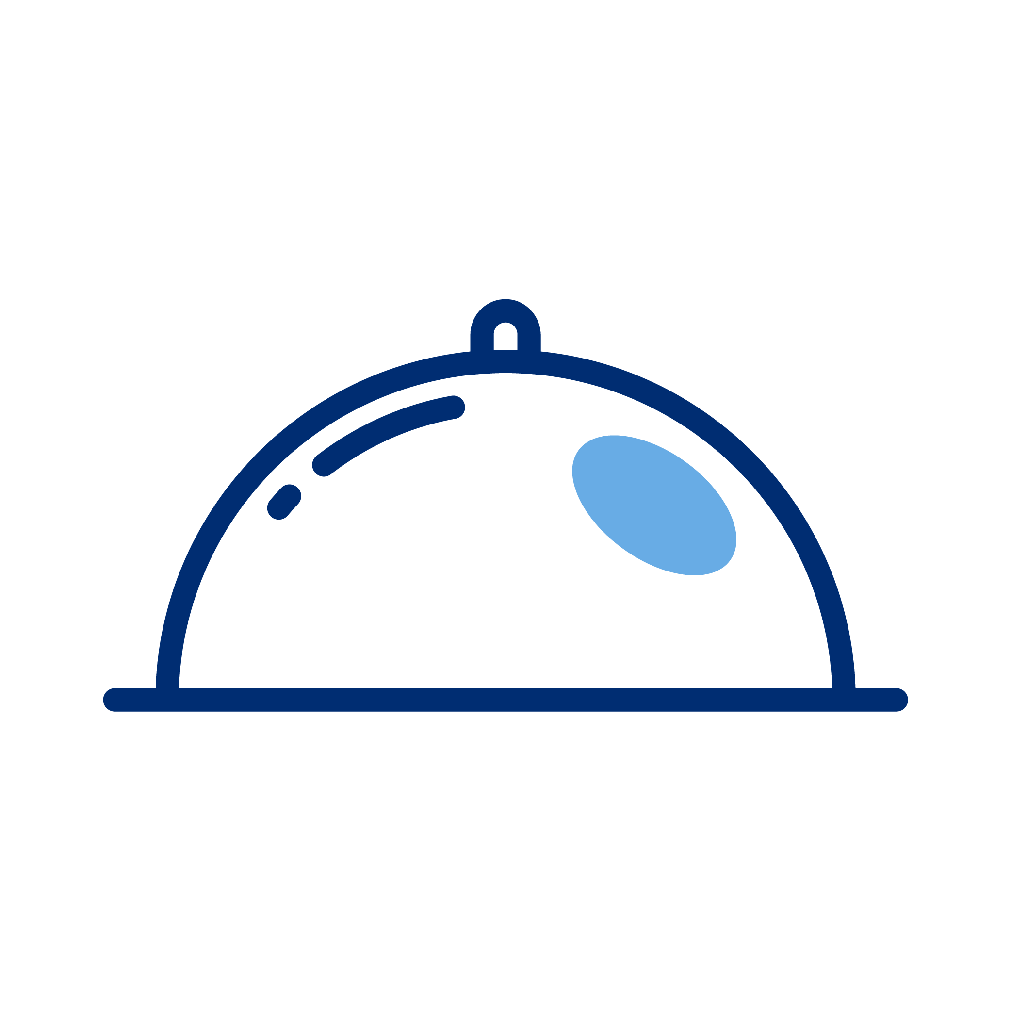 Simple illustration of a dome-shaped cake with a small handle on top and a blue highlight, outlined in dark blue on a black background.