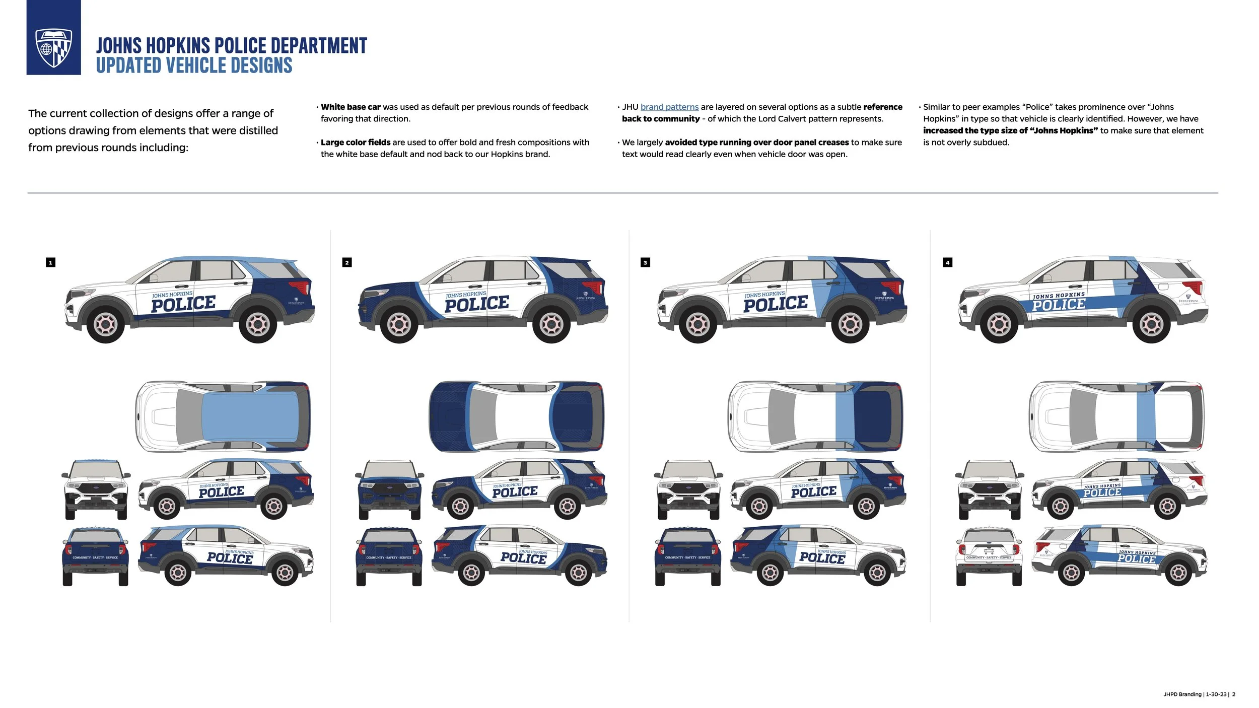 Sheet showing different design options for Johns Hopkins Police Department vehicles, including front, side, top, and rear views of police SUVs with blue and white color schemes, badges, and lettering.
