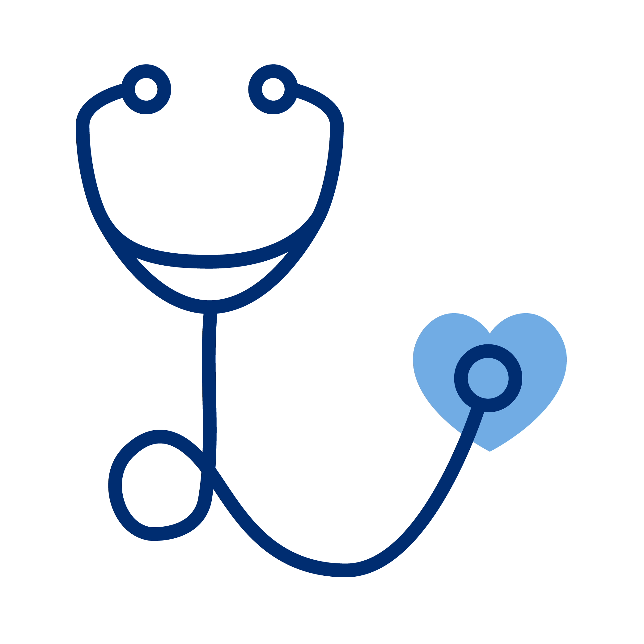 Stylized blue line drawing of a stethoscope with a heart shape at the end of the tubing.
