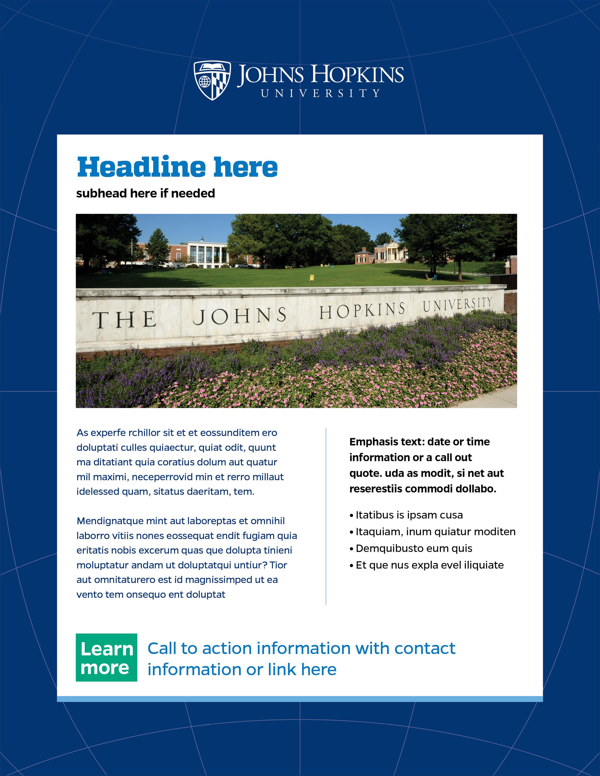 A promotional flyer for Johns Hopkins University featuring a logo, a blank headline, a subheadline, a photograph of the university campus with a stone sign saying 'The Johns Hopkins University', placeholder text, and a call-to-action button with cont