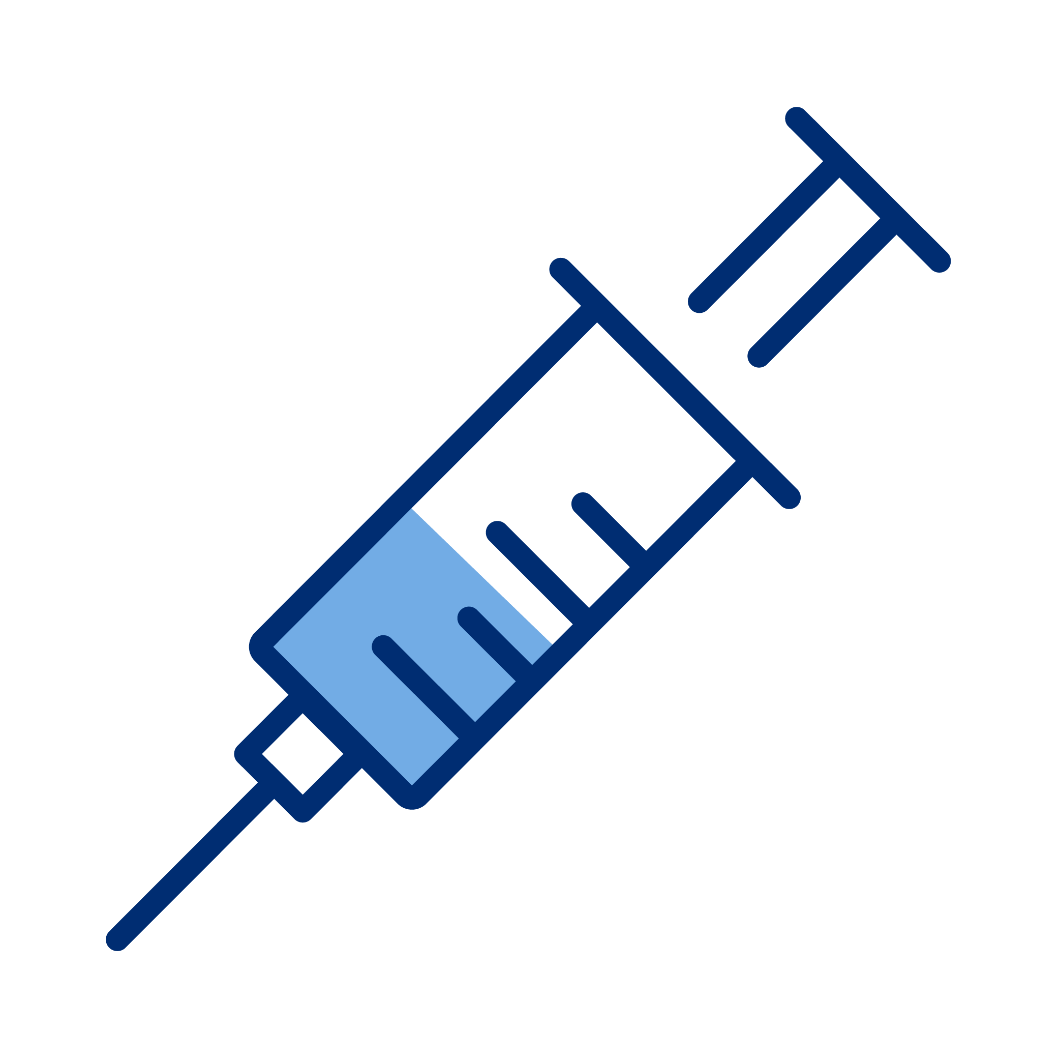 A graphic illustration of a syringe with a blue and black outline and a blue liquid inside.
