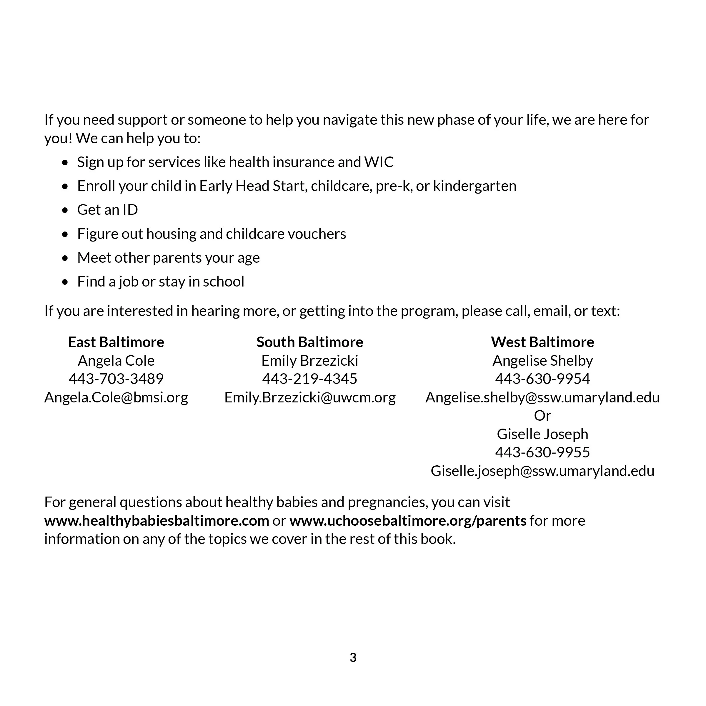 Page 3 of a booklet providing contact information and resources for supporting new parents and families in Baltimore, Maryland, including local contacts for East, South, and West Baltimore, along with websites for additional information.