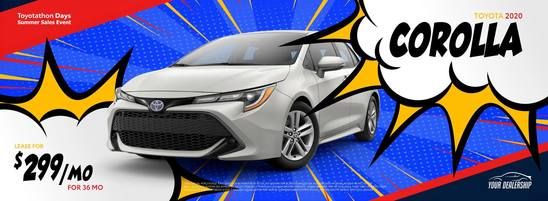 Promotional advertisement showcasing a silver Toyota Corolla with comic book style graphics and bold text offering a lease deal for $299 per month for 36 months, with a background of blue and yellow comic elements.