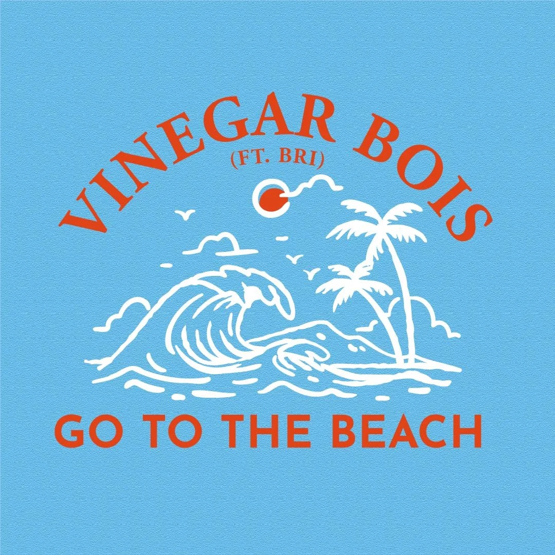 Blue background with white and red line art of a wave, palm trees, birds, sun, and clouds, with text 'Vinegar Boiis ft. Bri' at the top and 'Go to the Beach' at the bottom.