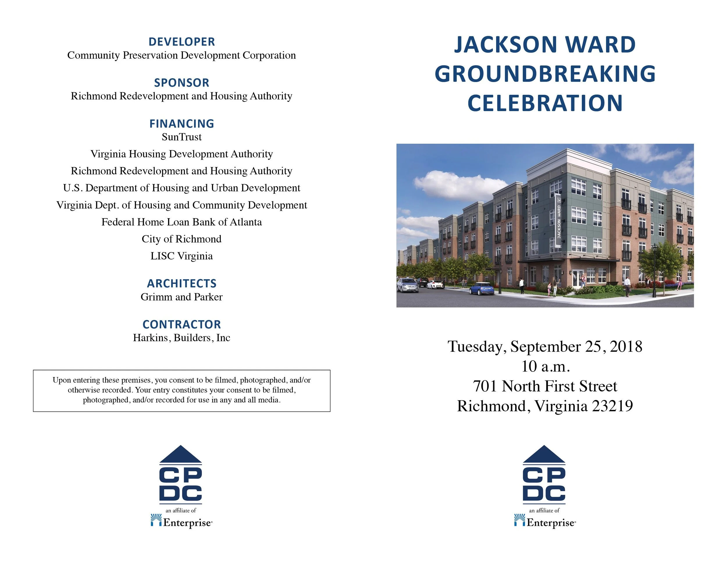 Flyer for Jackson Ward Groundbreaking Celebration with details about the event date, time, location, and involved organizations, featuring an image of a modern apartment building.