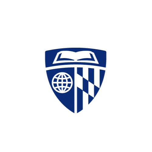 Logo with a blue shield containing a globe, an open book, and a striped design, surrounded by white geometric shapes.
